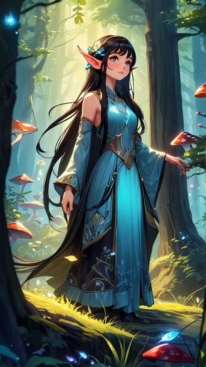 In the evening, a female character of fantasy style sits on an old tree, with extremely beautiful facial features, long hair, elegant hair, Blue and white pottery hanfu long skirt, layered skirt, dynamic posture, front view, perfect composition, stream, waterfall, starlight, firefly, white flowers, splashing water, looking from bottom to top,ningrongrong