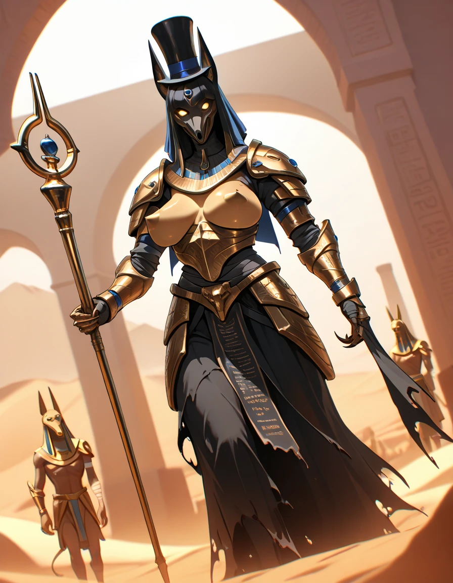 score_9,score_8_upper,score_7_upper,score_6_upper,score_5_upper,score_4_upper, Highest quality, masterpiece:1.2, One Queen and Anubis' Royal Guard:1.37 Empire of Sand, The world of The Mummy, Empress of the Desert, Frozen Desert, Night desert, Very elaborate costume, Egyptian-style luxury palace、Anubis' Royal Guard:1.37、