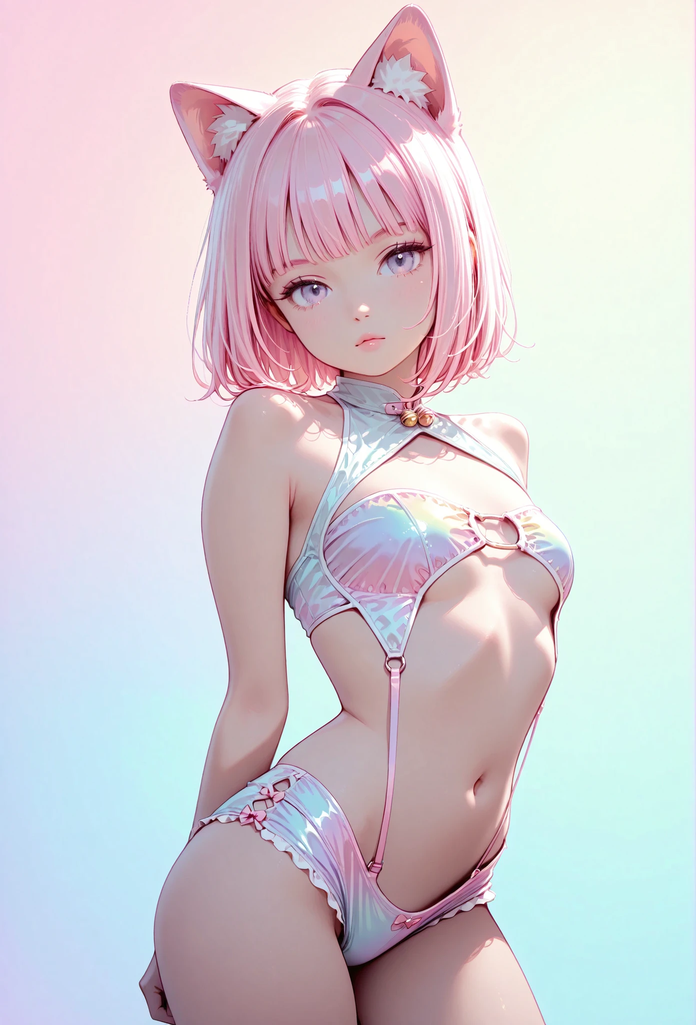 random hot and busty korean catgirl, cat ears, pastel color palette, no background, pastel background, colorful background, revealing clothes, 