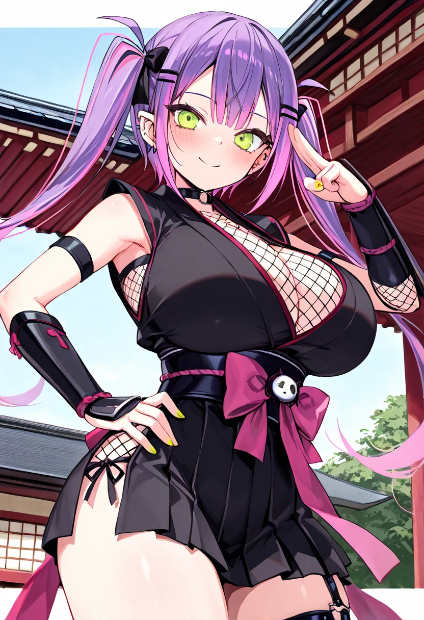 photo of ccfng, braid, large breasts, nurse cap, revealing clothes, shrug (clothing), short sleeves, layered bikini, purple bikini, green bikini, green gloves, elbow gloves, pink belt, black skirt, microskirt, green thighhighs, garter straps with large breasts and a huge ass and wearing nurse outfit doing squats indoors with soft lighting, (muscular with abs), (sweating:1.4), (perfect body), masterpiece, blush, 1girl, solo, (blank expression:1.2), smooth anime cg art, (braided hair:1.2), ultrahd, 4k, highres, (arms behind head:1.4),(((Spread your legs wide)))