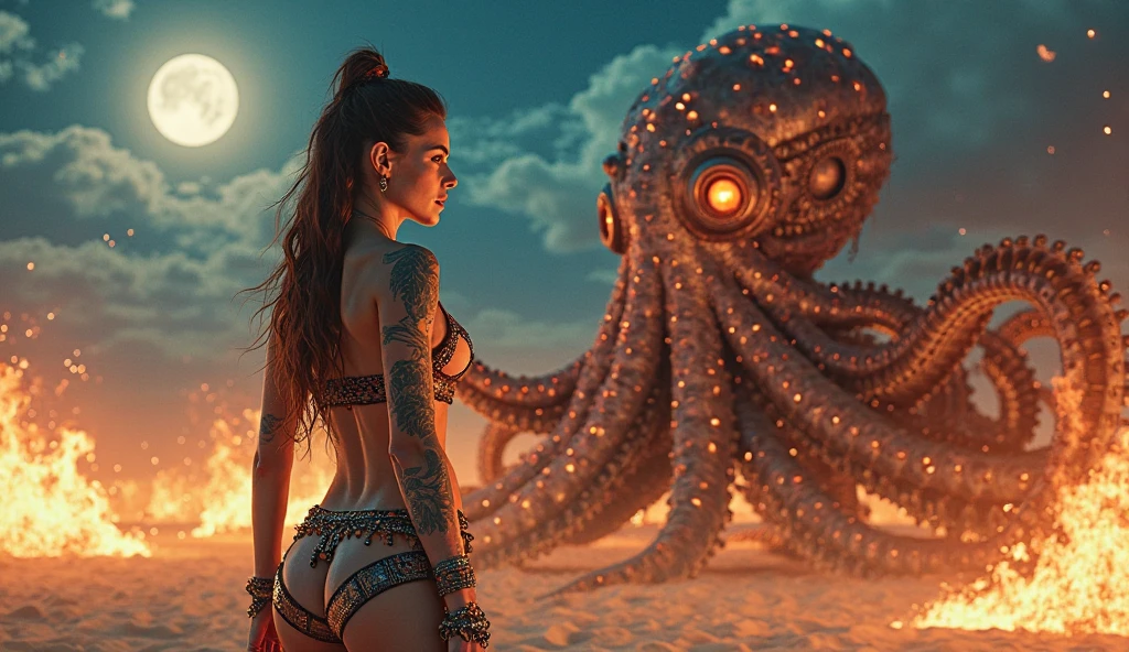 An alien spaceship lit up with neon blue lights extends many slimy tentacles to restrain a buxom young (age 20) redhead on the beach, she is in a metallic blue bikini, she is struggling with many tentacles, tentacles restrain her arms, tentacles caress her thighs, she is coated in slime. Night on the beach only lit by spaceship