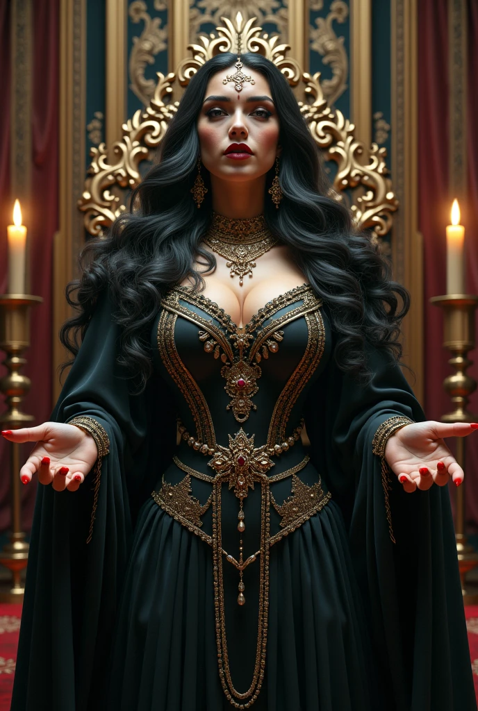 best quality, masterpiece, ultra high res, photorealistic, Al-Uzza, the ancient Arabian goddess of beauty and black magic, stands with an aura of divine mystery and power. She has a striking hourglass figure with an ample bust and rounded hips, exuding enchanting allure. Her skin glows with an ethereal light, hinting at her supernatural essence. Her eyes are mesmerizing, slightly larger than average, and glow with a dark, mystical energy, reflecting otherworldly wisdom and seduction. Al-Uzza is adorned in an intricate, ancient Arabian witch dress made of flowing, dark fabrics that shimmer with enchanted symbols. The dress is adorned with mystical runes and enchanted jewelry, including amulets and talismans that glow with magical energy. Her hair, long and dark, cascades down her back in waves, adding to her captivating presence. Her hands, adorned with rings and bracelets inscribed with ancient spells, hold a staff or a wand imbued with dark magic. Surrounding her is a dark, glowing aura that enhances her powerful presence. Symbols of black magic, such as mystical runes and enchanted artifacts, float around her, emphasizing her role as a powerful and revered sorceress.