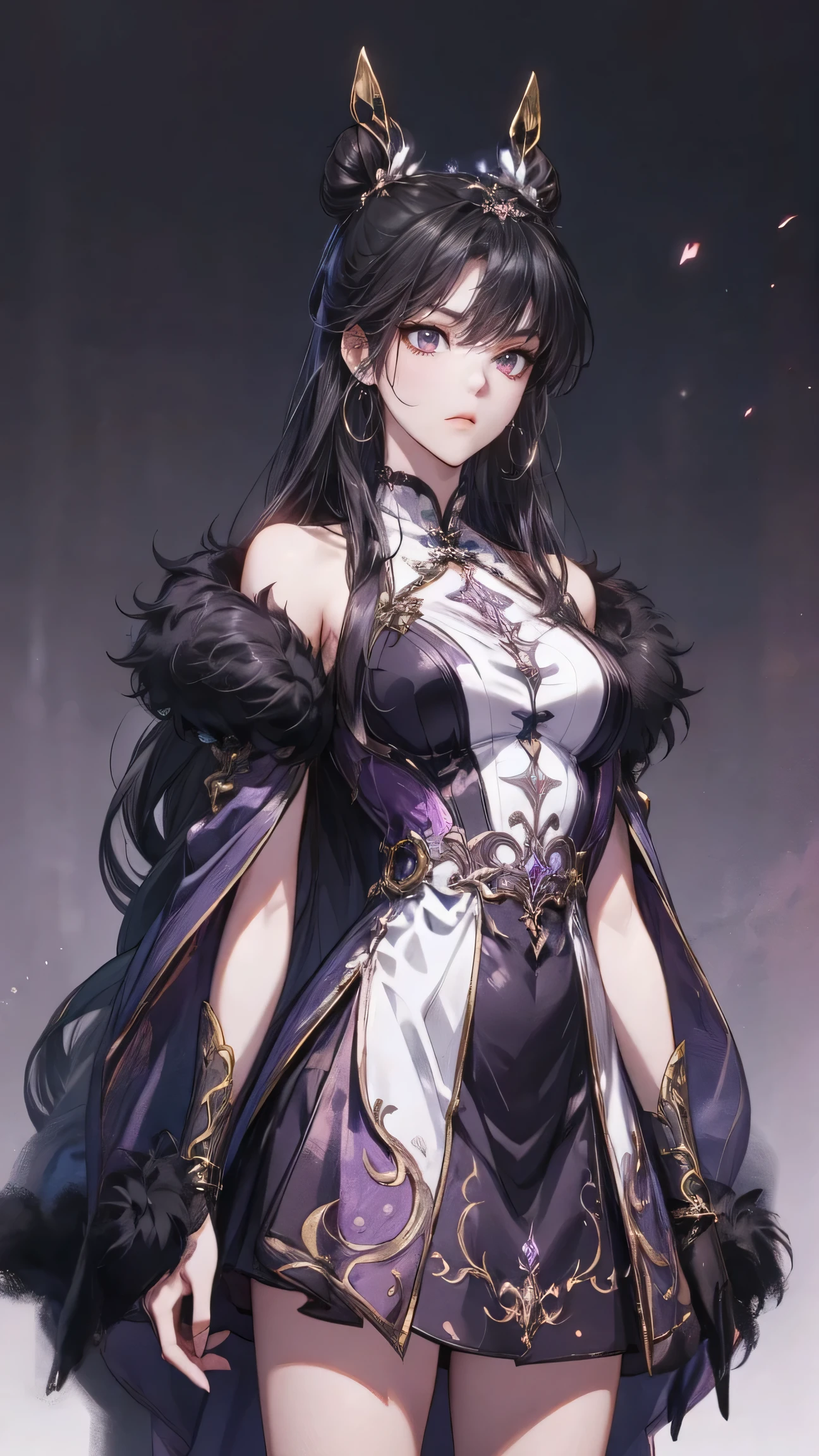 Masterpiece , best quality, 1 Xiao Wu , Face Color Looks Cool , Strong, Golden Left Eye , Red Right Eye , Long hair, Black hair, Firm Eyes , Simple Uniform , Black Long Earrings , Chinese , Front, back, left, right Photo , simple background, purple Background , Anime, illustration, Full body , bun hair , black fluffy animal coat on shoulders , girl , purple eyes , short , character sheet , detail dress