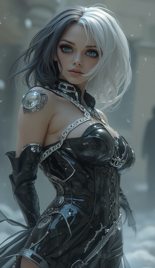 Masterpiece, photorealistic, Woman vampire,  extremely detailed eyes and face, beautiful detailed eyes, cinematic lighting, standing, cloth armor, apocalyptic background, detailed background, long hair, ((white hair)), powerful,  ((front view))