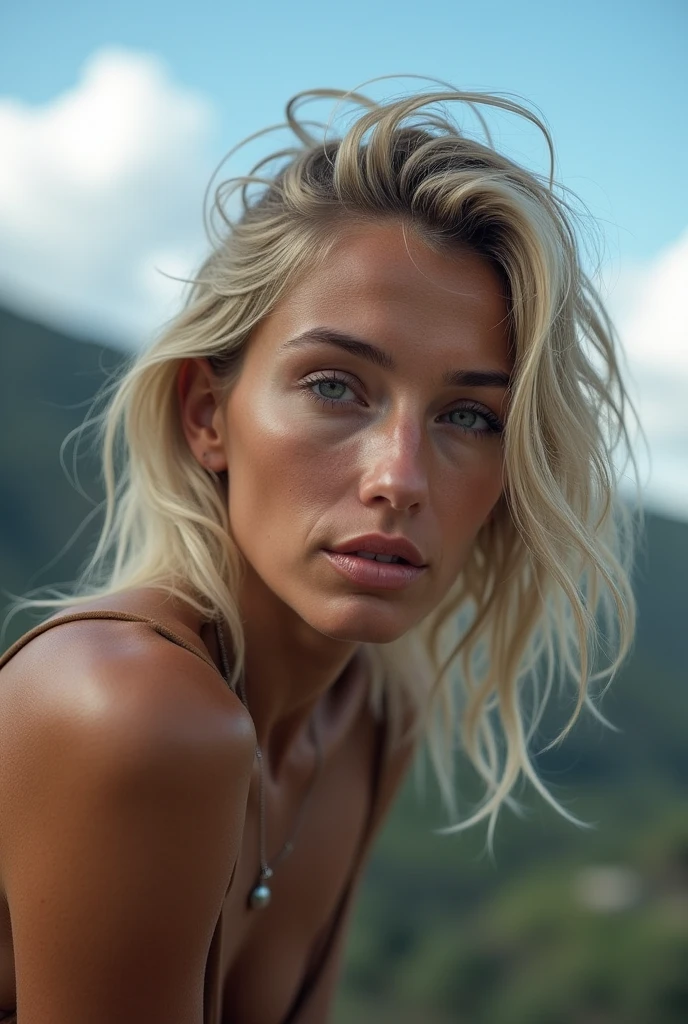 (high quality,4k,8k,highres,masterpiece:1.2), ultra-detailed, (realistic,photorealistic,photo-realistic:1.37), whole body, dark theme, super cute blond woman, man looking on her behind, vivid colors, mountain, sharp focus, emotionally intense, mysterious atmosphere modern wear mountain