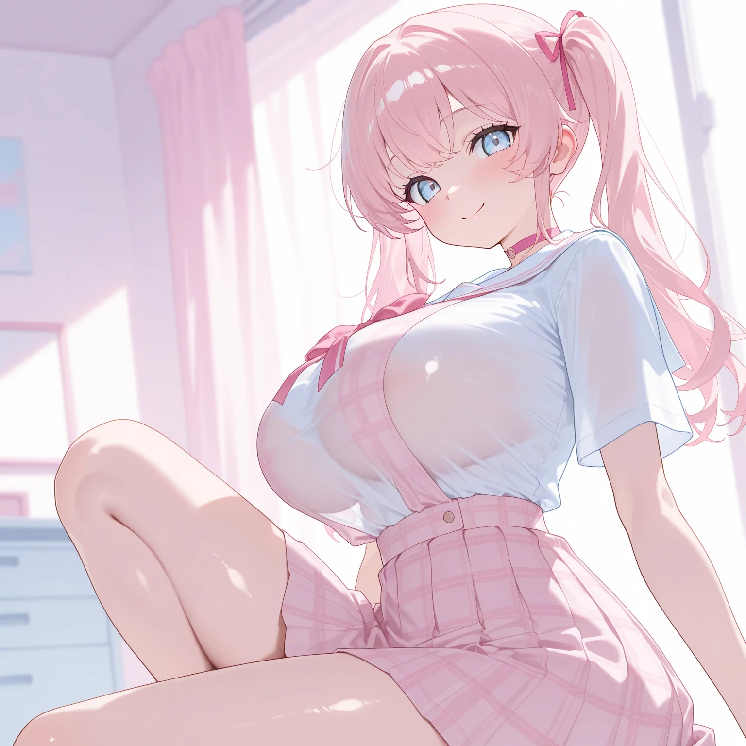(8k、Best image quality、highest quality、masterpiece)、Detailed face、One girl、Grey Eyes、embarrassed face、((Grin))、huge breasts、((see through camisole))、((see through))、((Plaid skirt))、((open pussy))、sit、spread legs、white buggysocks、shoes、Shoot from below、sitting on the seat,in the train,Nipples,Oppai,fingering pussy,vaginal finger,hand to pussy,touch oun vagina,Exposure,pussy juice,wet pussy,cum on face,milk made braids,pink hair,,lolil,