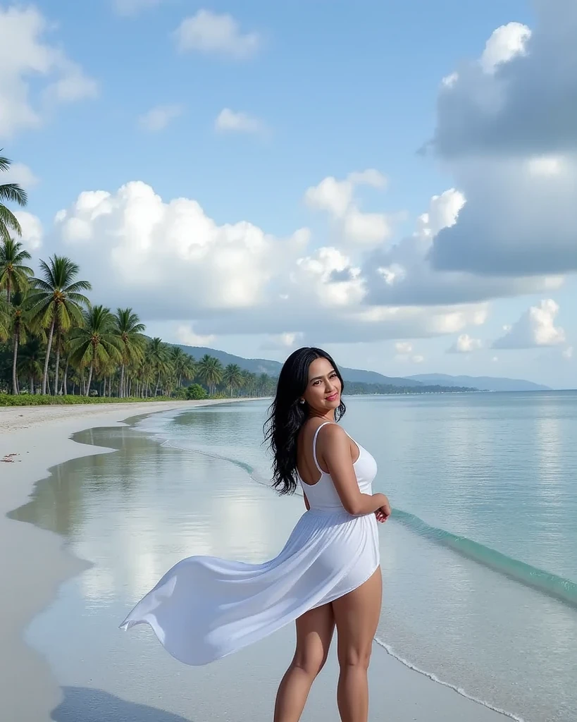 there is a woman standing on the beach with a white towel, posando em uma praia com o oceano, posando na praia, sarong branco, standing at the beach, foto de praia, na praia, praias brancas, standing on a beach in boracay, Pose de corpo inteiro, photoshoot real rainha dos oceanos, longo manto branco fluindo, Praia de areia branca