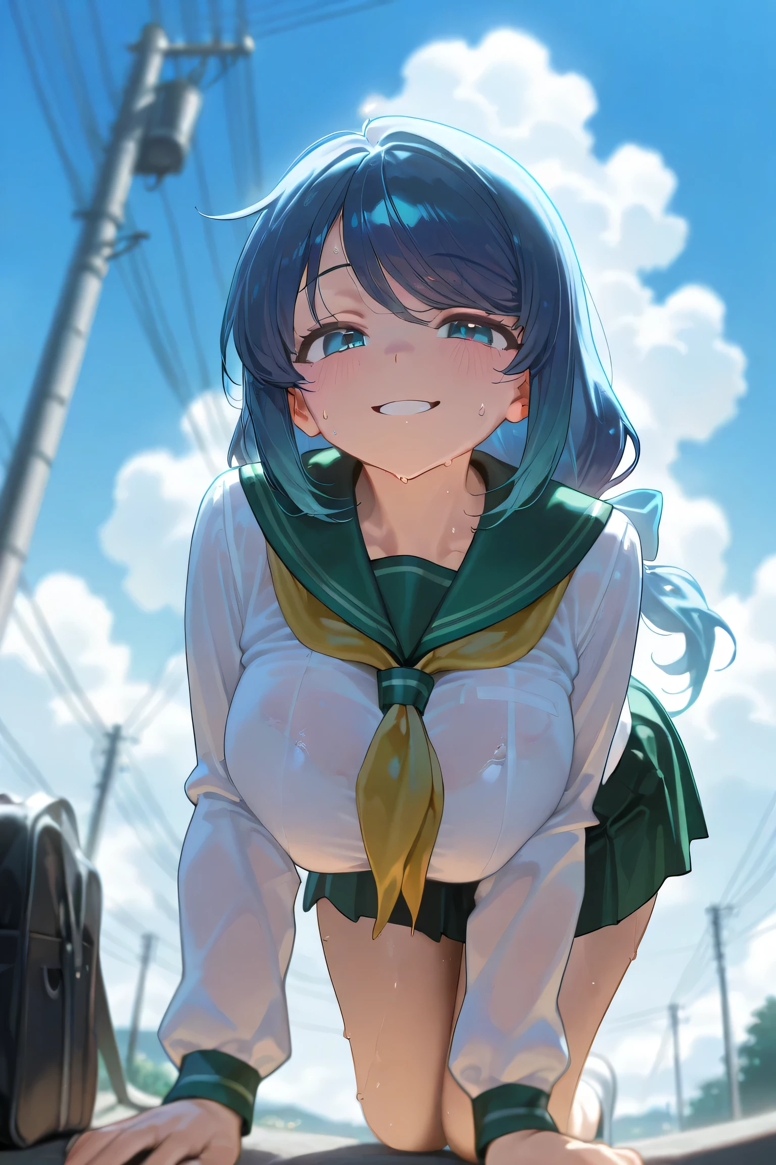 (Highest quality:1.2, Very detailed, up to date, Vibrant, masterpiece:1.2, Highest quality, Best aesthetics, There is), ((( 1 female:1.2))), Random hairstyle、Sailor suit、loafers、Big Breasts、(White shirt、Pleated skirt、Knee-high socks:1.2)、No underwear:1.3、Spread your legs:1.2、Cover your crotch with your hands