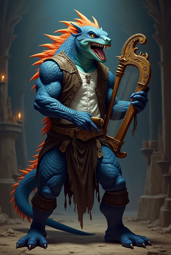 Create a designer role-playing character in modern cartoon style, create a blue dragonborn bard, he has light armor and a wooden guitar. The background and the dragonborn playing at a festival with people around.