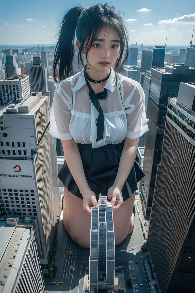 woman, detailed face, aerial angle, 50m tall, wearing skirt, panties, (pubic hair), close eyes, open legs, city, crotch hit on the top edge of the building, people looking up her, small cars, orgasm face, belly button