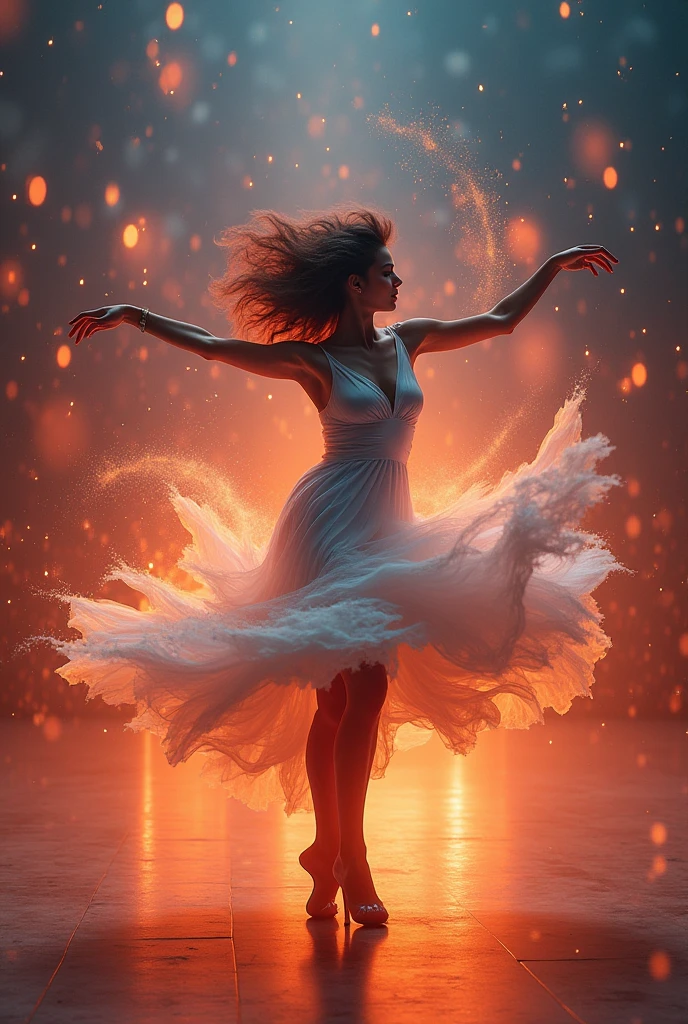 A photo of a beautiful woman dancer enveloped in vibrant, swirling flames and smoke. The dancer is captured in a dynamic pose, with one arm reaching upwards and the other extended outward. The flames and smoke display a myriad of colors, including hues of orange, purple, and blue, creating an ethereal and intense visual effect. The background is dark, which accentuates the luminosity of the flames and smoke, making the dancer the central focus.