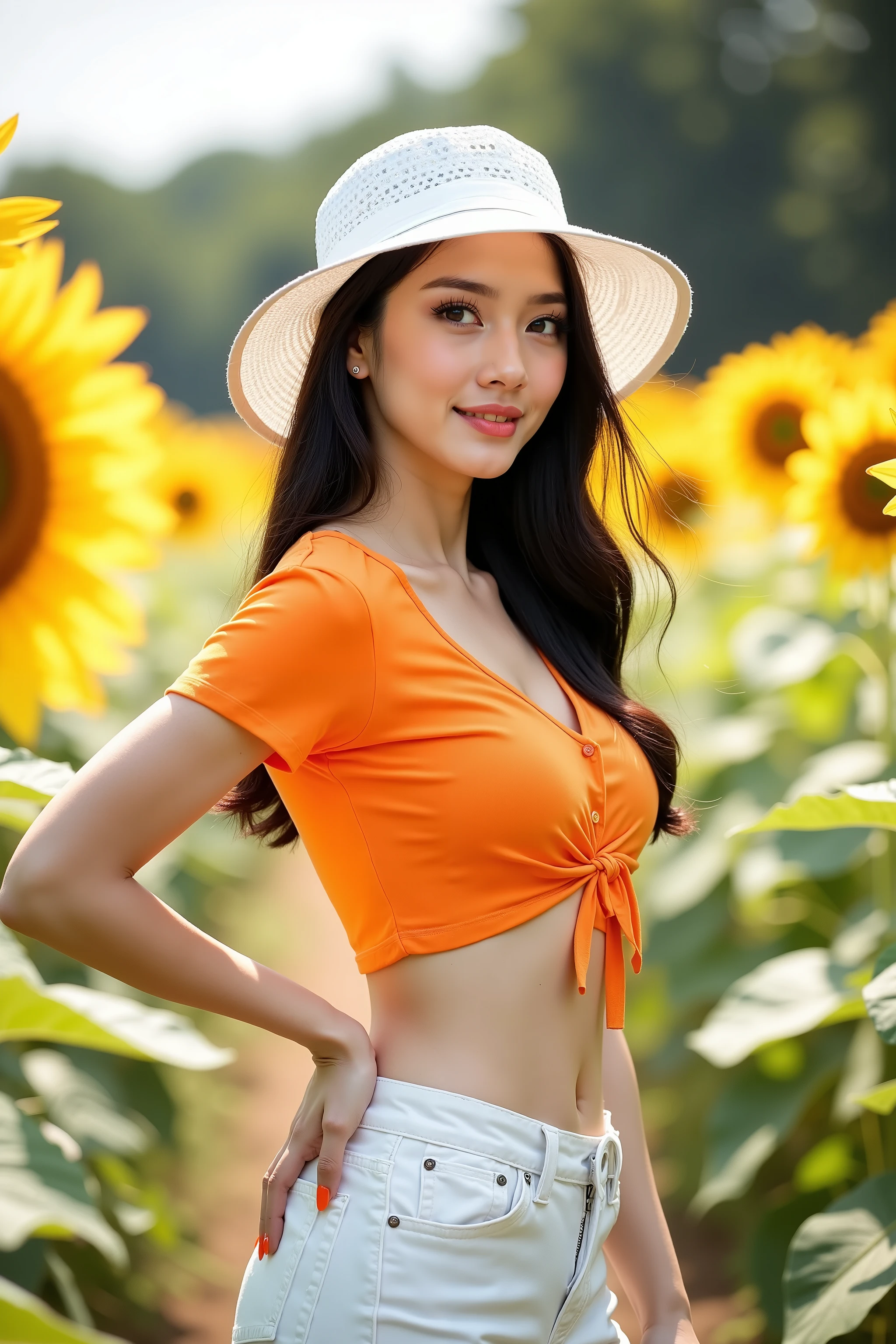 close up shot photo, trending photo, realistic portrait photo of a beautiful Asian woman, she wearing on orange color short sleeve shirt and white denim pants, belly expose, she wear a white boardbrim, beautiful make-up, energitic and youthful pose, hand on her back, sunlights outline her figure, she has orange color fingernails, looking at the viewer with attractive gaze, wind gently blowing her hair, she standing in a garden of sunflowers, summer vibe, depth of field, bokeh