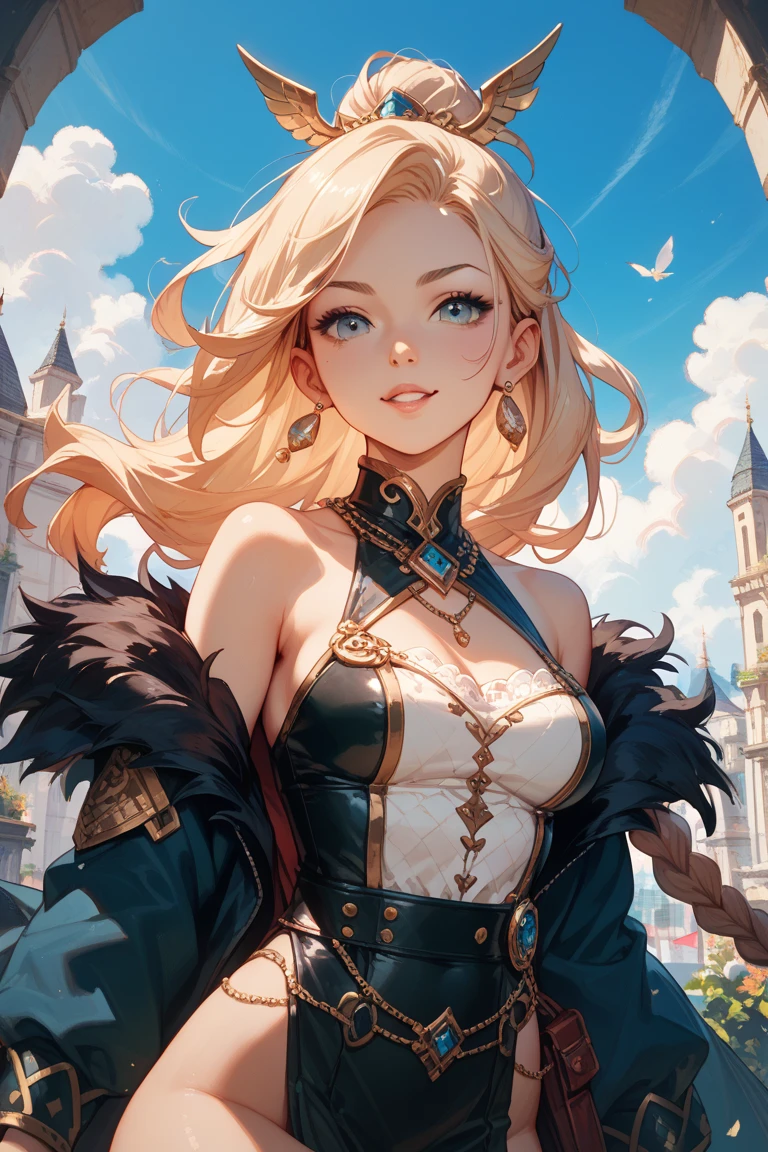 Masterpiece, High Resolution, HD, High Quality, UHD, Super Detailed, Best Quality, High Details, Fantasy, grimdark, alone solo character, no deformities.
{{(1character: a 26 young woman:(white skin, blonde hair, curly hair, brown eyes, closed mouth, tall complexion, slender complexion, rounded nose, big eyebrows, delicated features, absolute beauty, calm serious expression, big breasts, nice feminine figure, beautiful arms and legs),(big ribbon at top of the hair, green tanktop, white wristbands, pink skirt),(confident expression, confident demeanor, defiant pose, looking at viewer),(very modern city, blue day sky, bright twin golden suns in the sky, fantasy modern london city)))}}