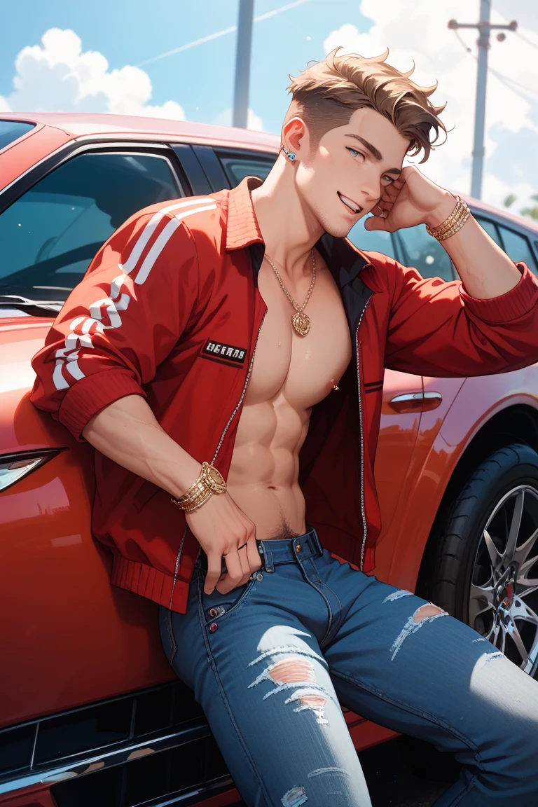 HD quality, high definition,male 18 years old handsome, muscular and slim, red lips, leaning against a motorcycle naked ((exposed Vagina)), model with bracelets, earrings and Necklace, wearing head band and sunglasses, open sweater