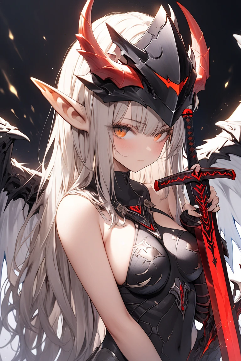 masterpiece, 8k resolution, high quality, high resolution, best quality, extremally detailed, best resolution, absurd resolution, ray tracing, high detailed, masterpiece, extremely detailed,detailed angelic face, shoulder length white hair, female, 2 white fox ears, age girl, slime body, white scale dragon tail, military boots,black leggings, military combat pants, black T-shirt, white jacket open, medium size chest, detailed blue eyes,solo female,1 dragon tail, tomboyish, thick dragon tail, white scales, 2 dragon wings, white fluffy dragon wings, detailed face, holding a katana sword,very detailed, amazing details,solo female, 1 female, detailed white furry dragon wings