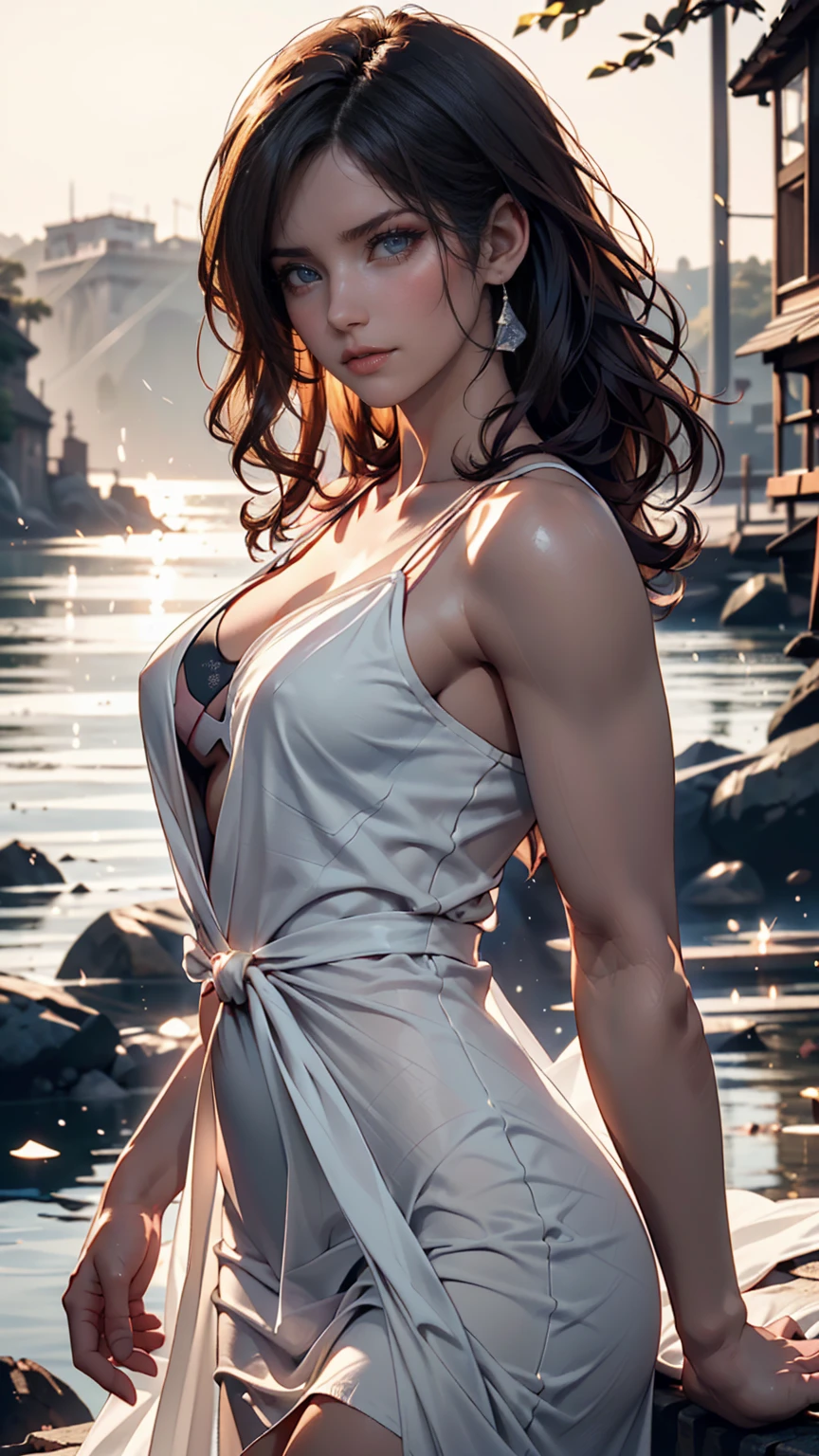 Beautiful woman 40 years old short wavy black hair muscular body perfect breasts silver evening dress standing smiling red lips leaning forward torn torn clothes sad face dirty ruined makeup raining black clouds
