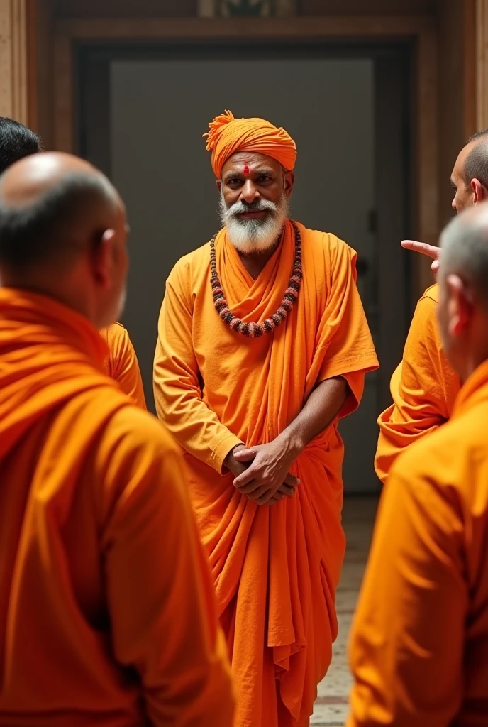  A Muslim Maulana Sahib, who has a white beard and is dressed in white clothes, has a tasbi in one hand and a stick in the other hand, explaining something to a few Hindus standing next to him. 