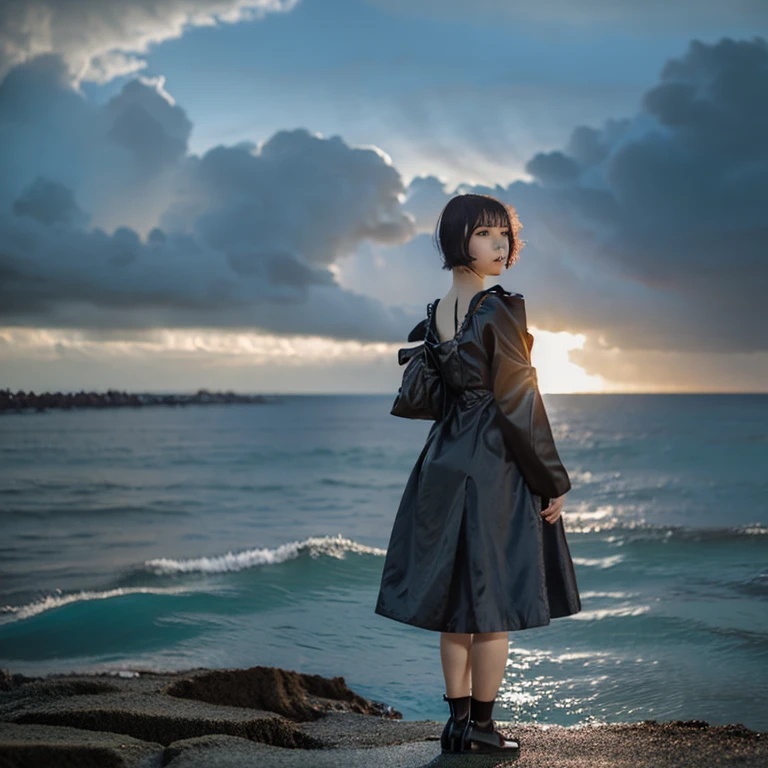 Girl, Futuristic, detailing, hairsh, Developing in the wind, seashore, waves behind the girl, pebble beach, 3d
