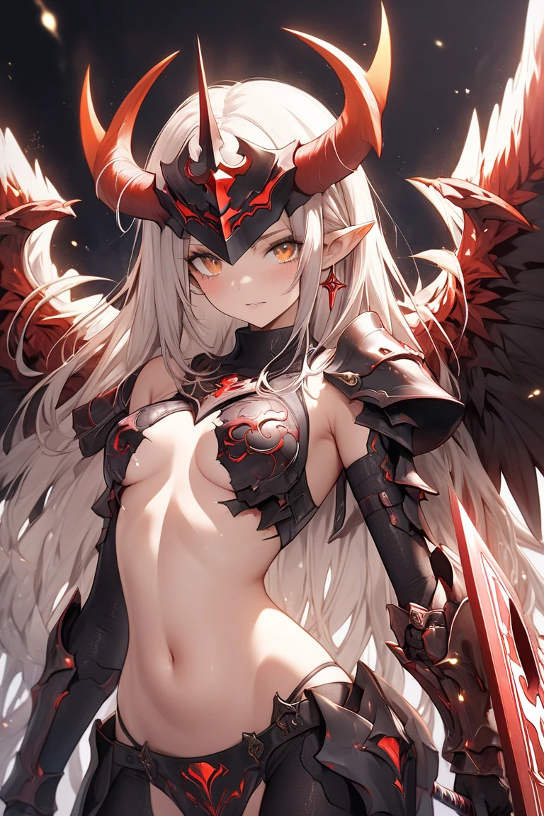 fantasy, 1devil_girl, low_, platina_blond_hair,long_bangs, bare_shoulder, navel out, thighhighs,silver_armor, red_wear,waist_armor, Glebe, hold_swords, large_tits, dynamic_floating_pose,Floating,(pelvic_curtain:1.3), silver_Headgear ,looking_down_at_sunrise_city_sky_background,,slightly_spread_legs,solo,horn ,smile,,open_legs,open_arms,rise_knee,rise_leg,rise_thigh,rise_leg,apart_legs,fang,Shiny_gold_eyes,crotch