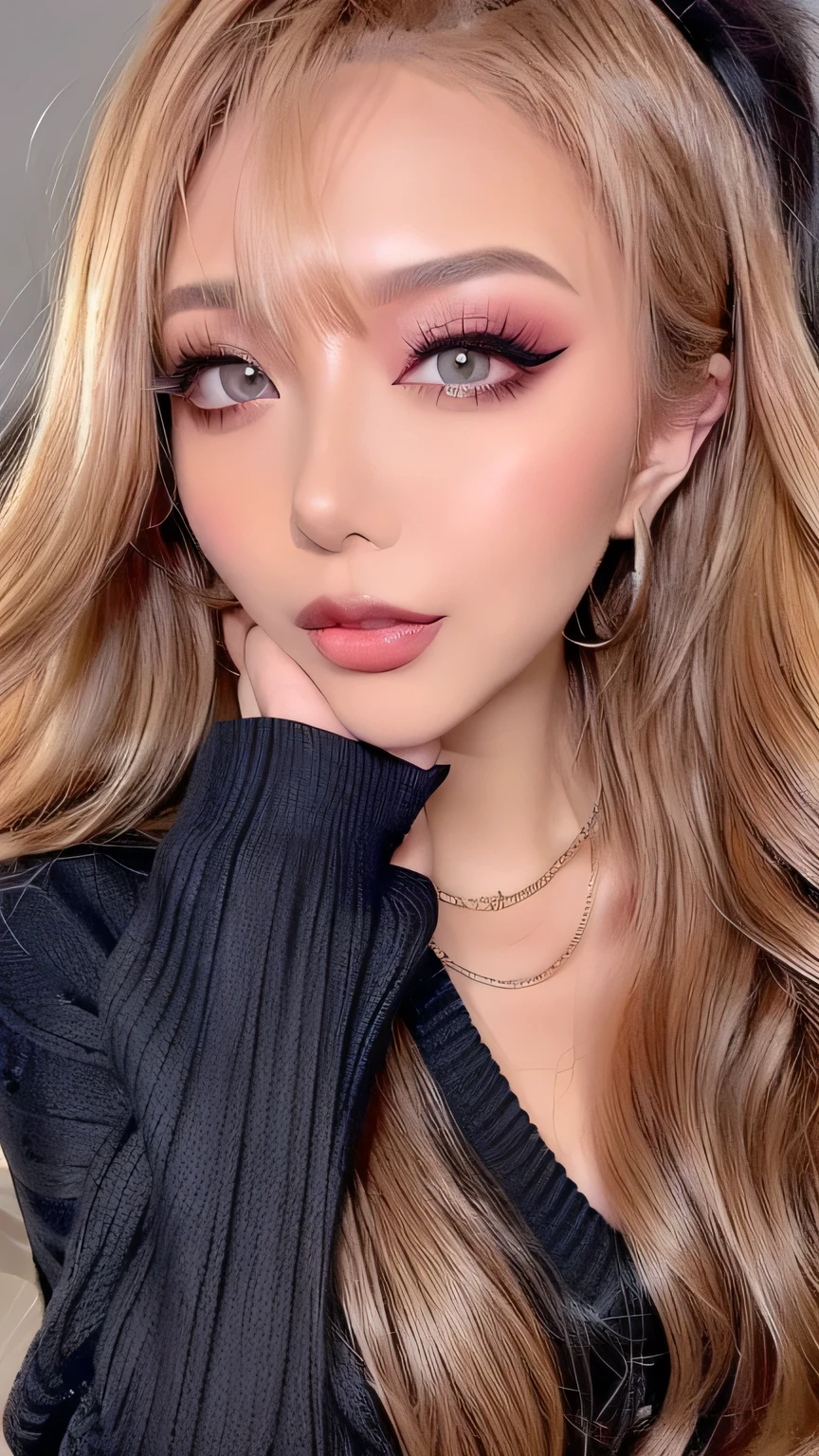 (超 nothing , Masterpiece, anatomically correct, textured skin, super detailed, highest quality, nothing , 8k, bloom, Front Light :1.2, perfect dynamic composition), (24 years old, 1 person, Cute and sexy tutor, G-cup big breasts, sexy face, gal makeup, 、 Half open sexy lips 、 beautiful woman、( Black sweater , Sexy cleavage:1.1)、Perfect big breasts、( blonde alone :1.1)、 beautiful skin that shines with bright, Glossy lipstick 、 Sexy Lips in Duck Mouth 、 half open duck mouth lips、 a lot of people stand out with clear images 、 bright color contacts 、Perfect gal makeup、 Perfect for an adorable companion 、( Dark makeup for women :1.2)、( dark brown beige around the eyes :1.1)、 Beautiful Bright Eye Shadow 、 dark sexy makeup around the eyes 、(Big Breasts:1.2)、 super long wavy hair 、(Romantic affection:1.1)、 amazing adult sex appeal The best smile he has when he sees me 、( there are many people that accentuate body lines ..:1.1)、( strongly blurry 、 a 。:1.1)、( The image is clear 、 jacket :1.1)、 accurate anatomy、 ultra HD hair、( 超 nothing の完璧な美しい歯:1.1)、Ultra HD beautiful face 、 ultra HD hair、 crystal clear bang 、Ultra HD Shining Eyes、輝く 超 nothing の美肌、 超 nothing の艶やかな唇、 Harry Winston necklace