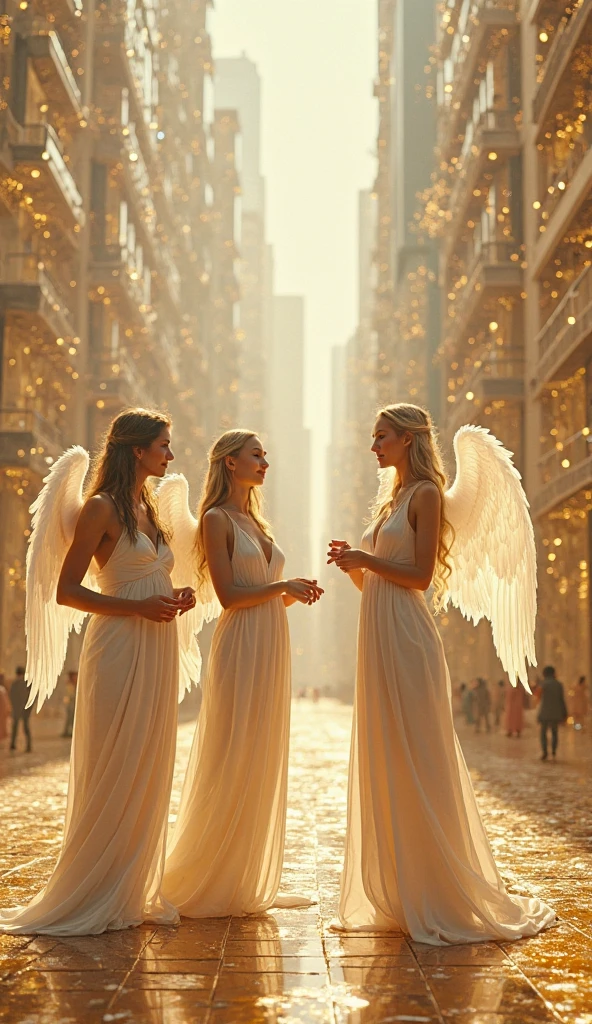 Three beautiful female angels standing on a street corner in the 1930s