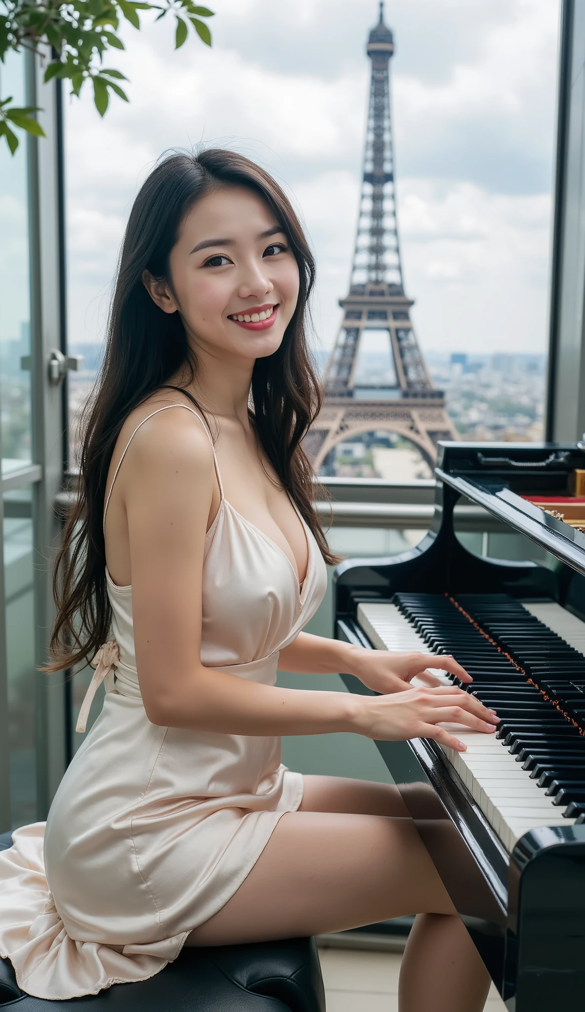 50mm lens，High Angle，Ultra HD，High image quality。a 20 year old Japanese beauty。smile in the transparent glass room focuses on playing the piano,。 slender calves , Clear cleavage long hair ，Five slender full fingers,wearing a silk V-shaped deep neck suspender dress and short skirt，The curves perfectly show，The shoulder straps hang softly，Eiffel Tower（Paris, France），Next to the romantic terrace ，a black grand piano。
