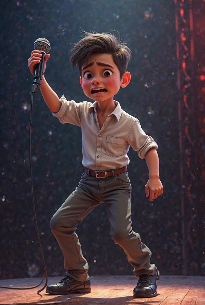 A with jumping standing in front of a microphone, Disney Animation, pele branca como areia, Cold studio lighting, evoca sentimentos de alegria, bela artista renderizando, como um personagem Pixar , wearing jeans, inspirado em Airton Senna, artista desconhecida, querubins, por Charles Fremont Conner