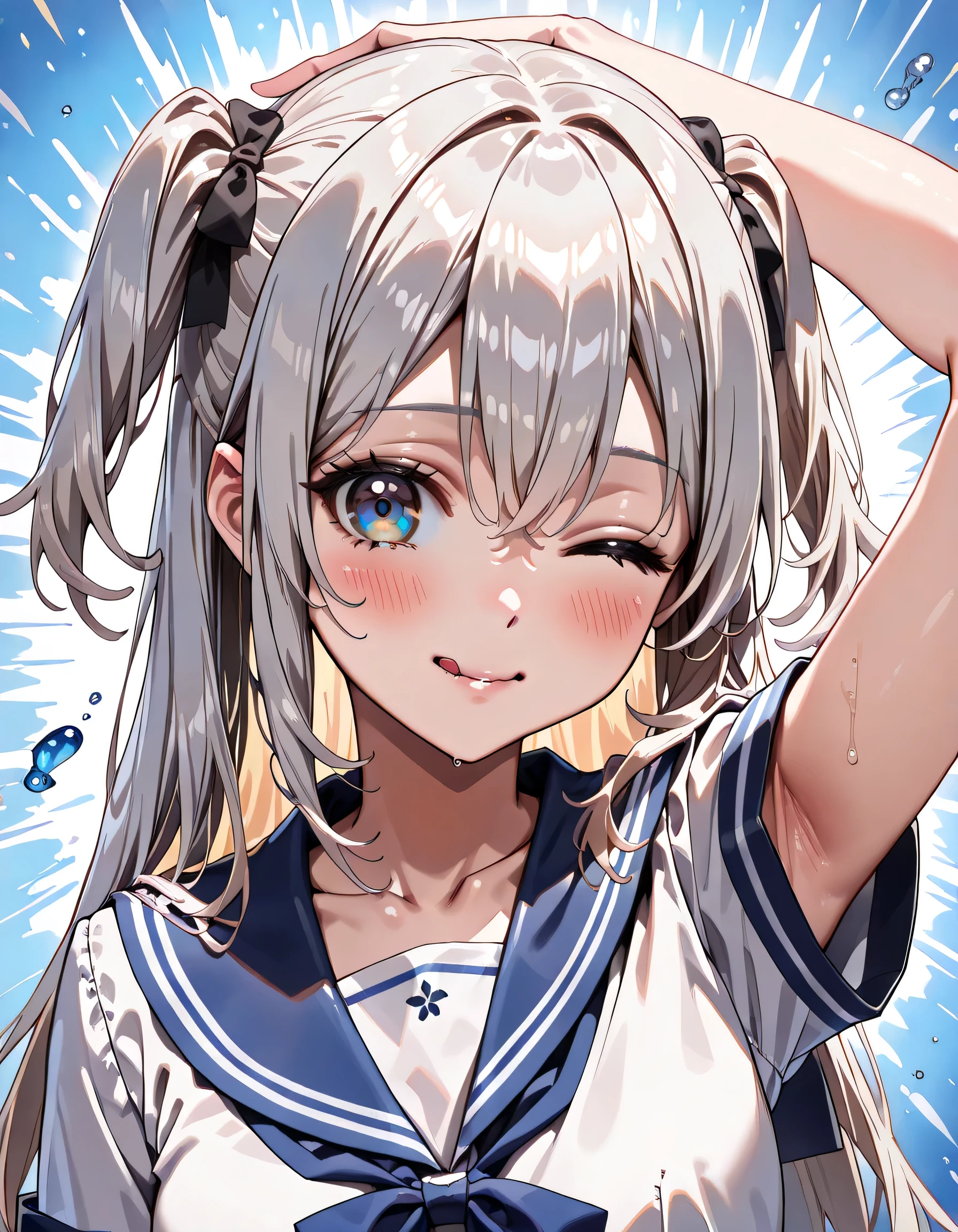 ((ultra-detailed)), (highly detailed CG illustration), (best quality:1.2), ultra-highly detailed, colorful composition, artistic photoshoot, 1girl, solo focus, ((upper body:1.4)), moe anime character, girl, dainty facial structure, (bab(round face), ((rounded chin:1.2)), celia-default, celia claire, (blue eyes), ((silver hair color)), ((two side up hair)), ample breasts, school uniform, sailor suit, traditional Japanese style with navy blue and white colors, ((:q)), ((licking lips:1.4)), ((one eye closed:1.4)), ((blush:1.4)), ((sweat:1.4)), ((arm is placed behind the head:1.4)), ((looking viewer)), ((blue splash background)), from front, best quality, masterpiece, expecting, pink cheek, blush, light pink gloss slip, portrait, depth of field, soft lighting, sidelighting, (shine), lighting, caustics, ray tracing, smile, perfect face, lustrous skin, highly detailed face, highly detailed eyes, perfect face, perfect nose, perfect hair, perfect eyes, perfect anatomy, beautiful hair, beautiful small face, extremely detailed face, beautiful detailed eyes, beautiful clavicle, beautiful body, beautiful ample breasts, leavage, breasts squeezed together, equalize the size of the left and right breasts, beautiful thin thighs, beautiful legs, beautiful fingers, 4 fingers, 1 thumb, lovely, (very detailed background:1.0), (highly detailed background:1.0), spring aesthetic, intricate details, joyful atmosphere, spring colors palette, chromatic aberration