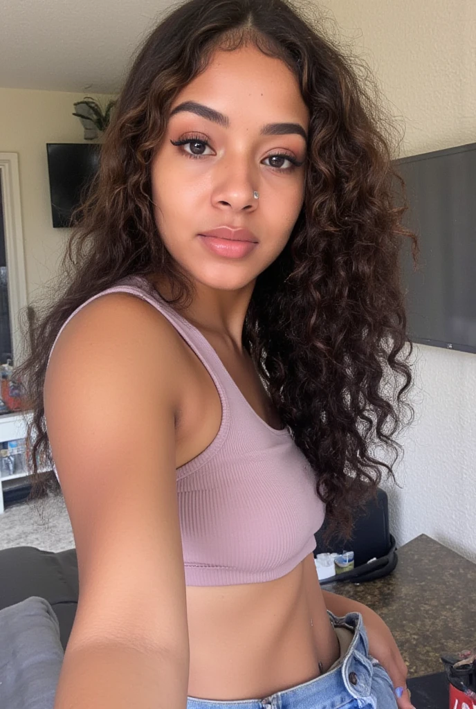 Brown girl, 19 years old, voluminous frizzy and curly hair, sad eyes, large forehead, medium breasts, casual clothes, 1.60 meters tall.