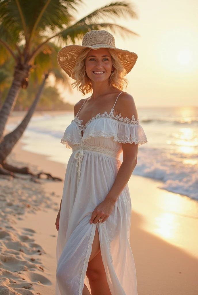 old retro poster, USSR,  Caribbean seaside, Neon, photo shoot, 1 ultra hot gorgeous woman. Age 23. Smile. Happy. short white wavy hair, expressive breasts, in a white sundress with a pattern of flowers on fabric, fashionista, 80s, hd