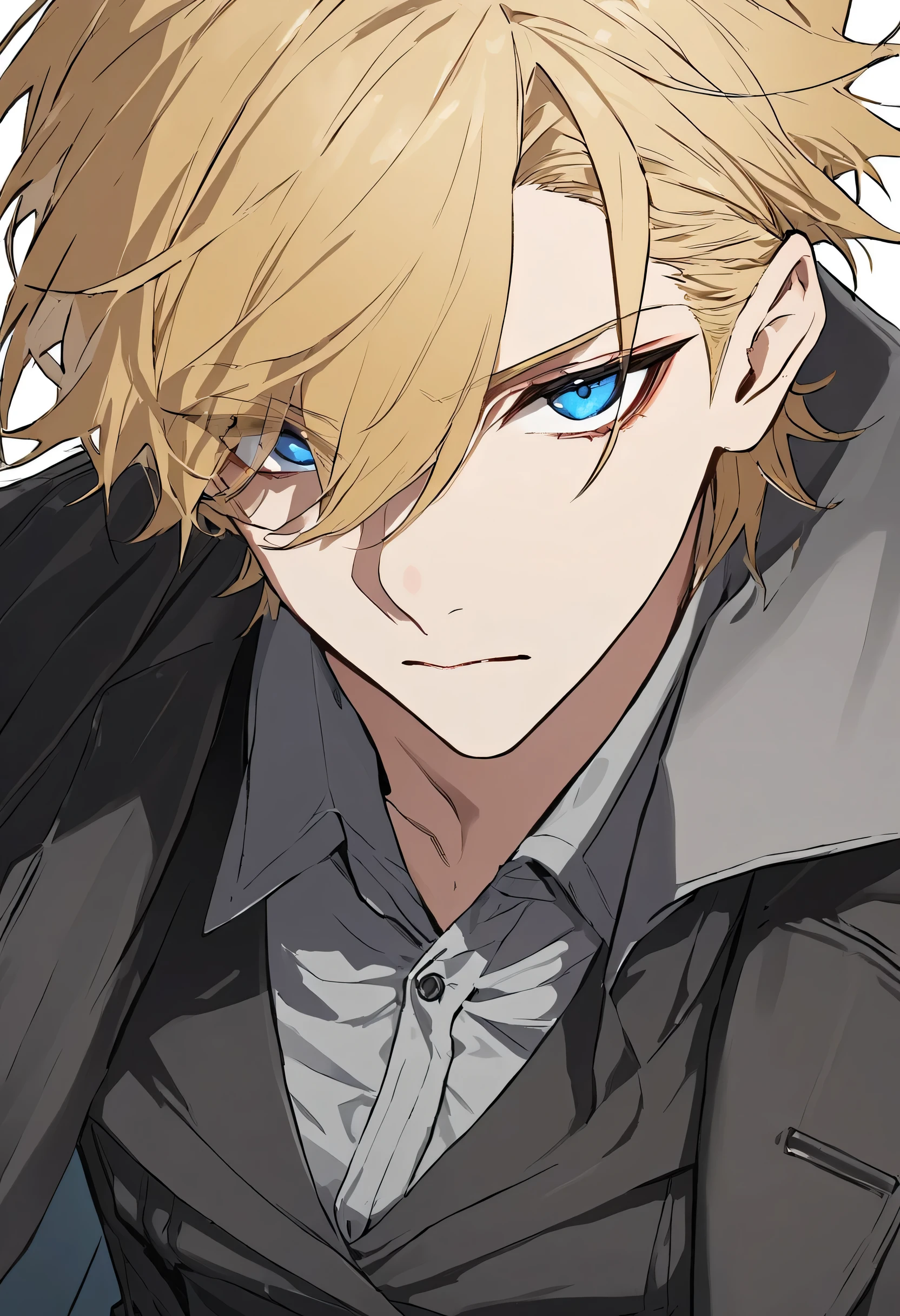 Male + blonde hair + blue eyes + black trench coat (draped over shoulder) + black double breasted waistcoat + gray dress shirt + solo + face shot