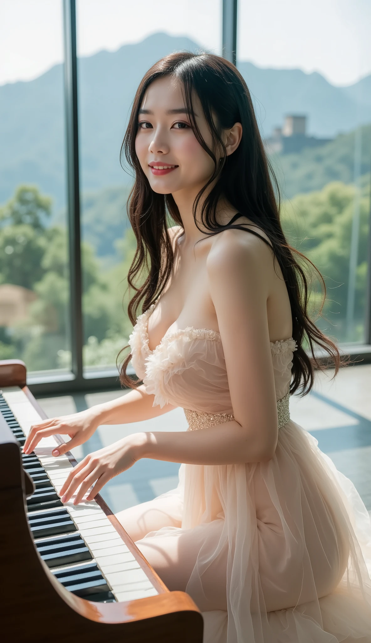 50mm lens,High Angle,Ultra HD,High image quality。a 20 year old Japanese beauty。smile in the transparent glass room focuses on playing the piano,。 slender calves , Clear cleavage long hair ,Five slender full fingers,wears a long dress with a strapless waist,The tulle is lightweight and elegant, looming ,Great Wall(China),Hilltop Observation Deck ,A mahogany carved piano。