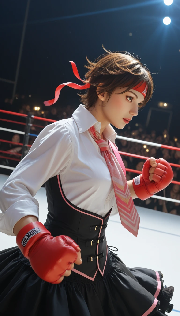 score_9, score_8_up, score_7_up, score_6_up, source_anime, masterpiece BREAK, SAKURASF, brown hair, brown eyes, black dress, pink tie, red headband, framed chest, white collared shirt, mma gloves, fighting stance, ready movement, half body, stage lights, wind, slightly lower angle.