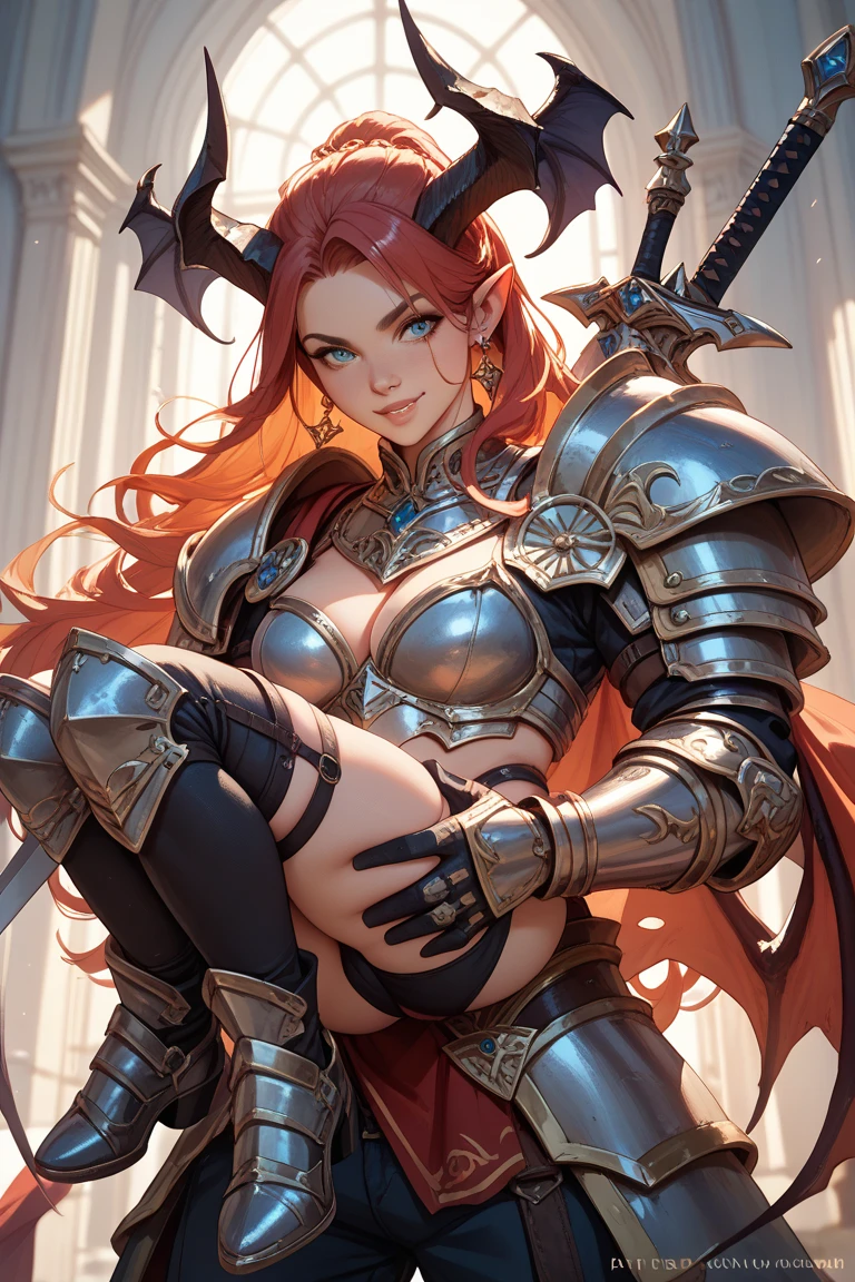 Warrior, costume, plate armor, short skirt, red skirt, white panties, panties appearing, redhead, realistic, D&D, lying on the bed, cameltoe, legs open, legs apart, upskirt, steel gauntlets, steel boots, steel breastplate