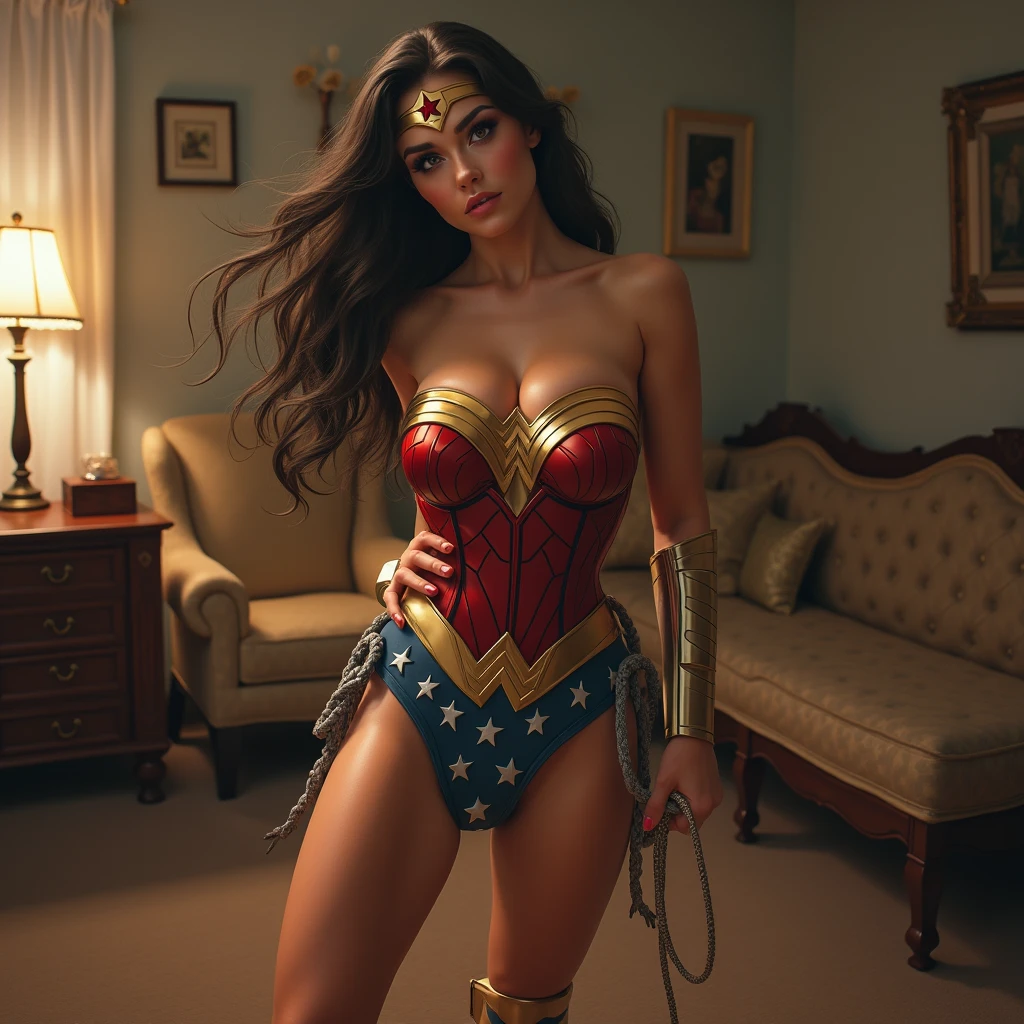 Super realistic,Realistic,Live-action version,NSFW, Wonder Woman kneeling on all fours in front of a man ,(Wonder Woman Costume:1.2), masterpiece, highest quality, photo-realistic:1.4), (shiny skin), (UHD, 8k wallpaper, High resolution), perfect anatomy, cinematic lighting, Physically based rendering, award-winning, highly detailed skin, highly detailed face, Beautiful eyes in every detail, (((1 girl and 1 man, couple, have ))), (Man standing in front of kneeling woman, grab her head), big , girl excited to see a guy, (girl kneeling in front of a man:1.3), (woman tilting her head), Girl staring at a man,(brown wavy semi-long hair, Bangesium breasts with cleavage, (see through thigh height), (obedient), (1 girl: nose cheeks and eyelashes) , in the classroom at midnight, (1 man: Handsome and in a recruit suit, hug her head, stand in front of her, hug her head), Photographed diagonally from the front,