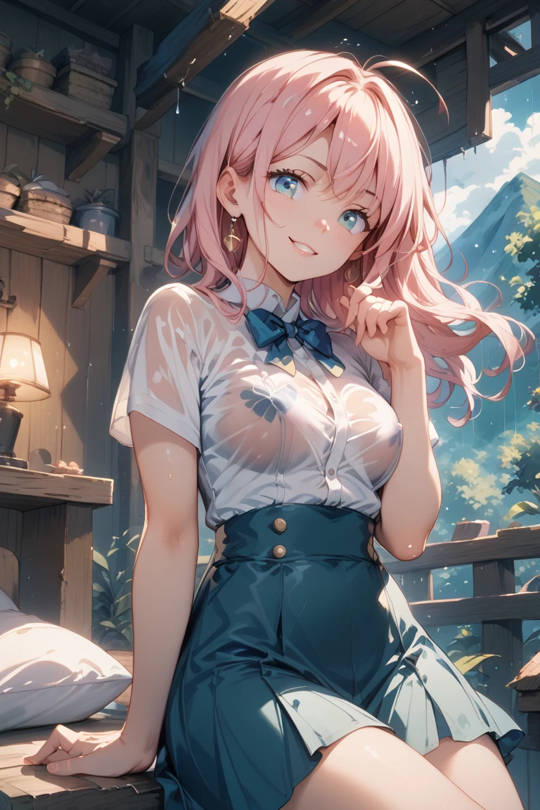 1girl, solo, summer, village, trees, sun, clouds, ((colorful hair)), curly hair, ponytail, large full breasts, button down shirt, ((white shirt)), opened shirt, ((short sleeved shirt)), ((unbuttoned shirt)), unbuttoning buttons, cleavage 1:3, pink bra, belly, blue eyes, shorts, grin, looking at the viewer, standing, hair ribbon