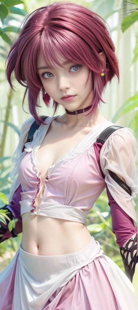(8K, top-quality, masterpiece:1,2), (reallistic, Photorealsitic:1.37), Super Detail, One girl,), (Highly detailed), (beautifully detailed eyes), (of the highest quality), (super detailed ), (masterpiece), (Detailed face),20yr old, ,1 girl, ((pink hair,Very short hair)), medium breasts, clothed, Perfect Lighting, BREAK (sheer cape:1.4), (lace bra top and matching shorts:1.3), (cropped halter neck top:1.4), (high waist short skirt:1.3), (A-line silhouette:1.2), (ethnic embroidery and beads:1.2), (lace trim sheer ankle socks:1.3), (strap sandals or espadrille heels:1.2), (large fringe earrings:1.2), (ethnic choker:1.2), BREAK bangs swept to the left, large fringe earrings on right ear, smiling, eyes looking at camera, mouth slightly open, no teeth showing, right hand on hip, left hand holding sheer cape, cape blowing in the wind, chest out, waist twisted slightly to the right, left leg forward, right leg back, balance, blue sky background, countryside houses and church visible, background blurred, focus on subject, sunlight from top right, transparent effect on cape and hair, shadow on bottom left, contrast, vivid colors