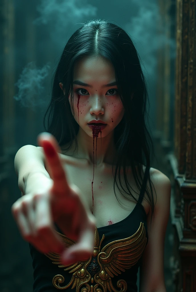 Chinese, very cute beautiful young woman, stuck a knife in his throat of a boy blindfold bloody in n eck sadism, luxury house