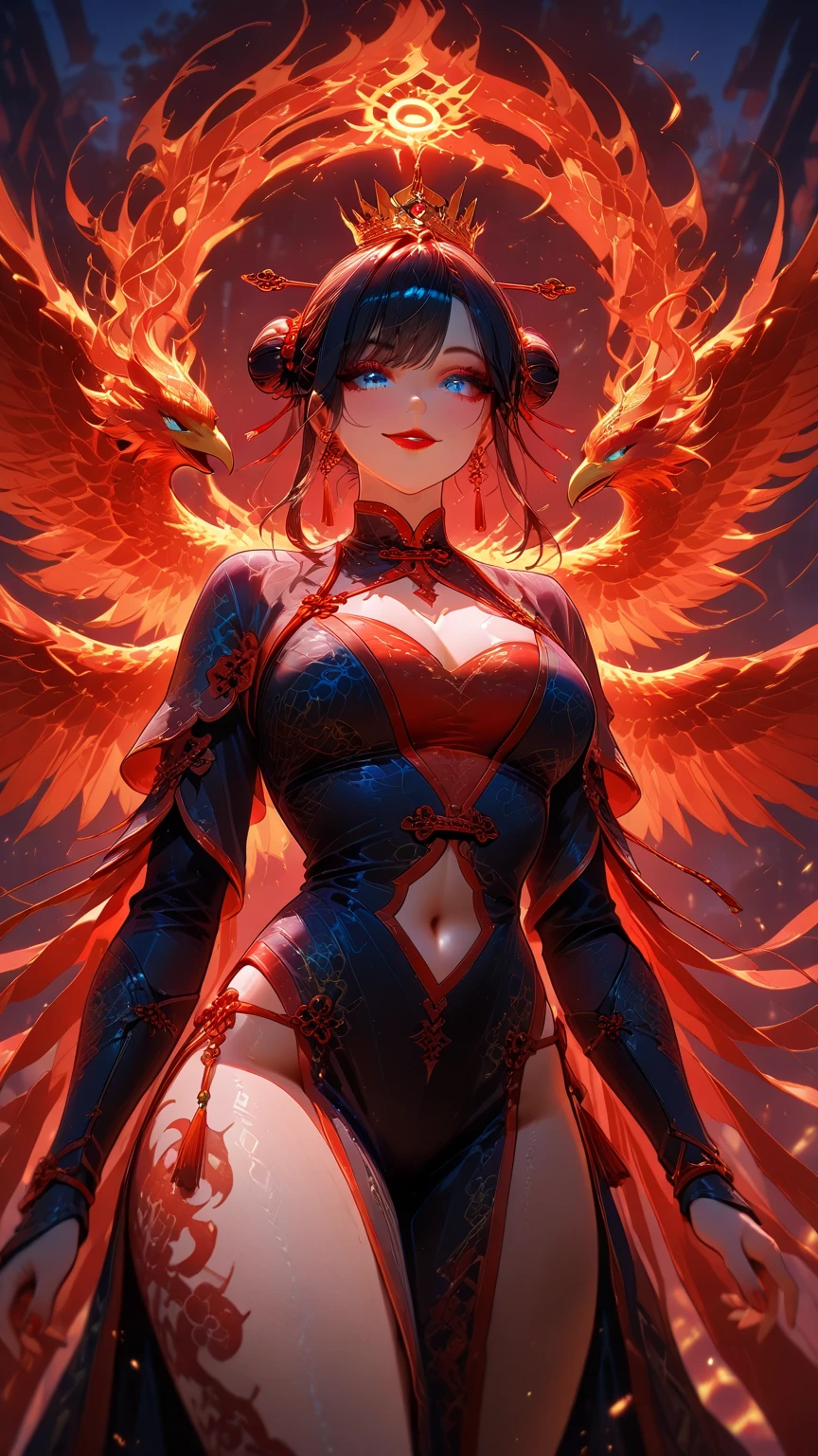 ((masterpiece, highest quality, Highest image quality, High resolution, photorealistic, Raw photo, 8K)), ((Extremely detailed CG unified 8k wallpaper)), (huge stunning goddess shot, very hot and sexy, jaw-dropping beauty, perfect proportions, beautiful body, slim body beauty:1.4), A beautiful phoenix empress, fiery red hair, gazing into the camera with shimmering eyes, surrounded by flames, fire sparks popping, huge wings of fire, wearing a red and gold dress made of flames,