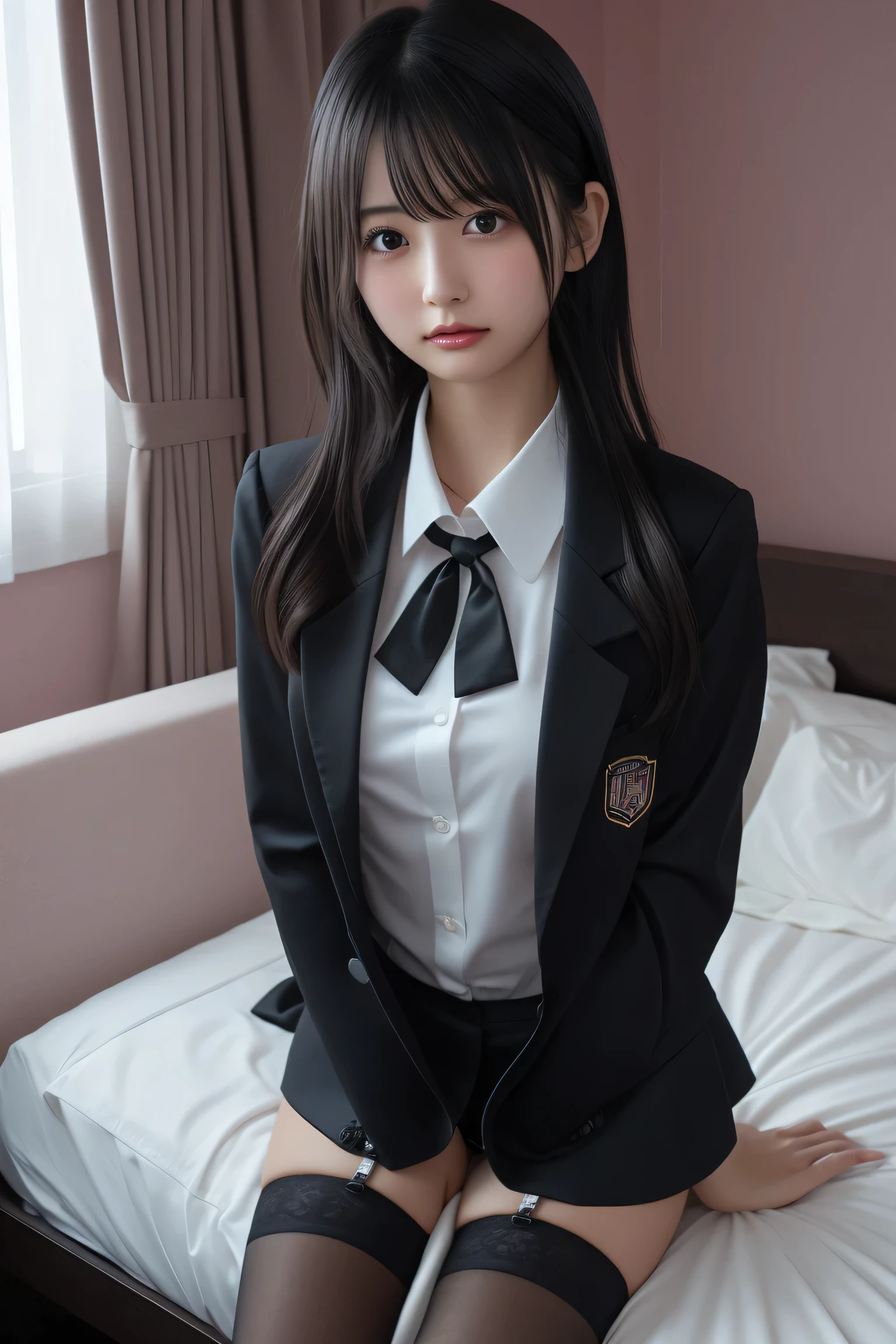 absurdres, RAW photo, extremely delicate and beautiful, masterpiece, Best Quality, ultra high resolution, 32k, hyperrealistic, ultra-detailed, in her 20s, delicate facial features, tearful mole, earring, medium breasts, full body shot, shorter middle hair, black hair, school_uniform, blazer,