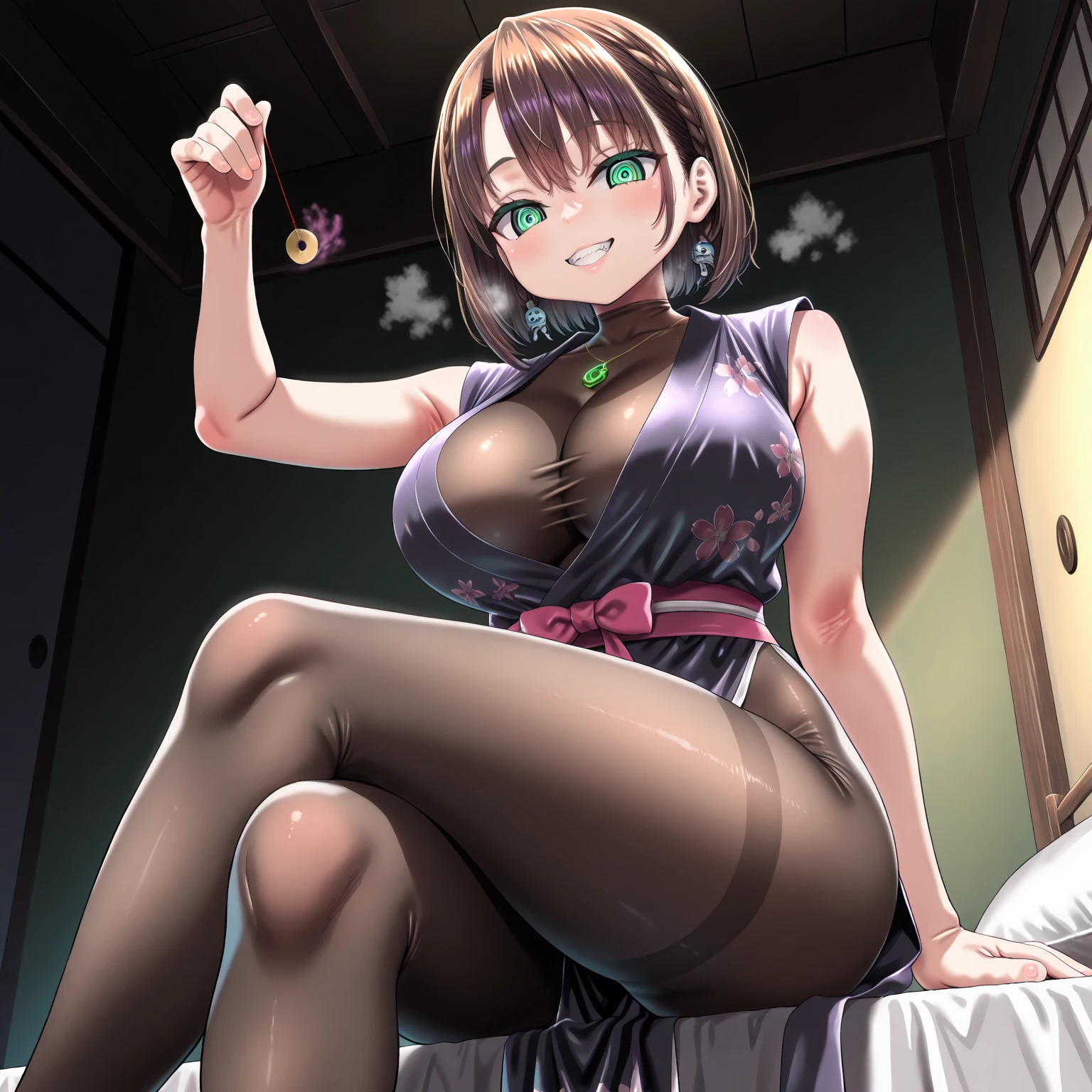 (((Horse Girl))), (((Fine Motion))), 1 person, Thighs, sitting on a luxurious red sofa, (((So that the crotch is well visible))), (((Legs spread wide))), smile, Dress like a young lady, (((Sexy panties with green embroidery))), High resolution, Her breasts are elegant and large., (((Only one breast exposed))), (((Her hands are supporting her exposed breasts from below))), 