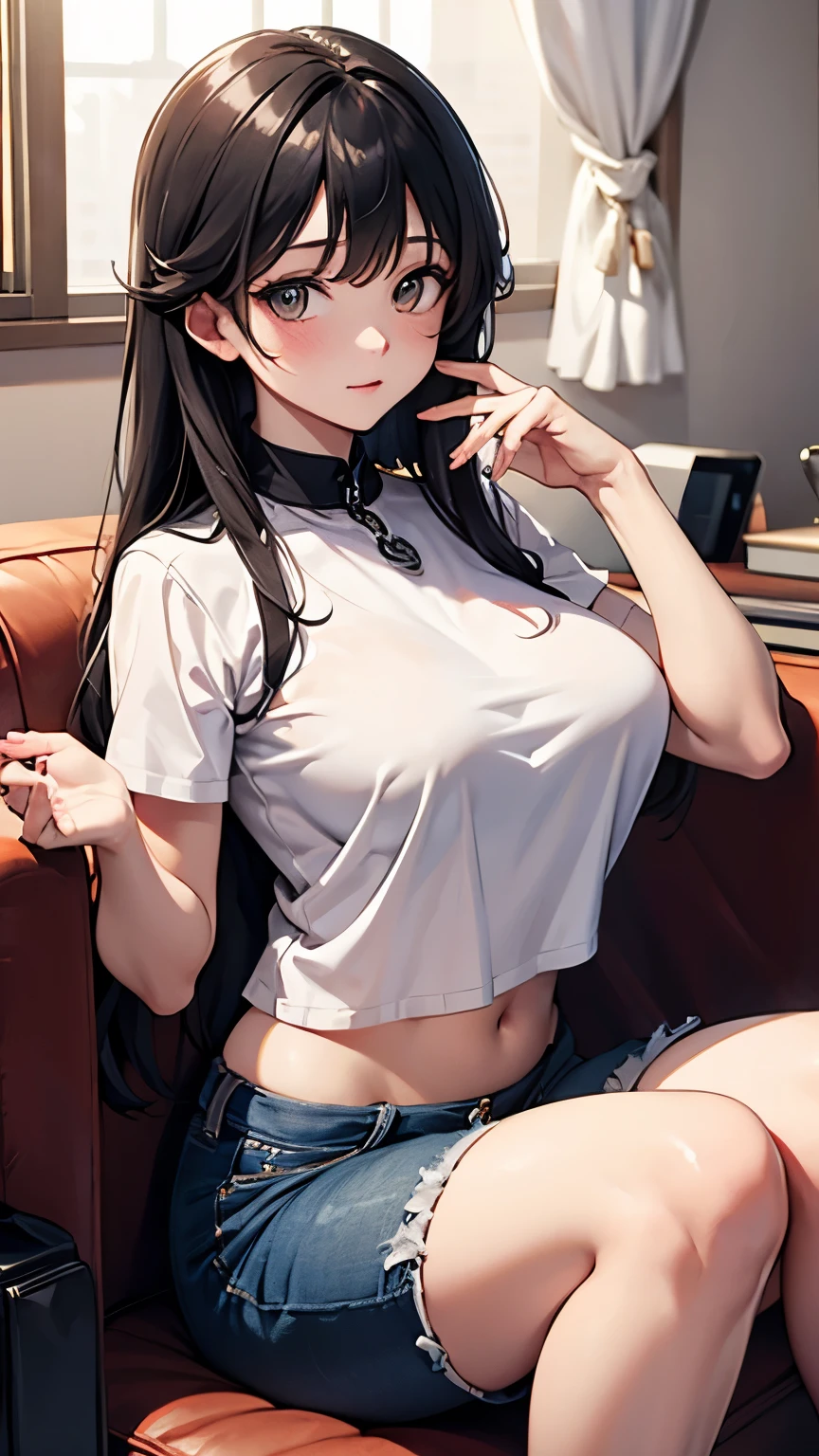 (masterpiece, top-quality, hight resolution), High-quality, 8K, 1woman, detailed, detailed eye depiction, skin gloss, Lustrous Black hair, Portrait, gentle appearance, blush, (collar bone), white woolen sweater, visible shoulders, Portlate, To the gentle Leo, Nomiya, slighly visible nipples, ((nipples)), sitting on couch, spreading legs, visible pussy (vagina)