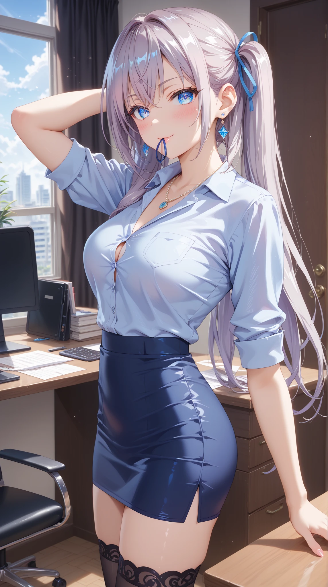 Beautiful teenager, 1girl, purple hair, messy bun hairstyle, blue eyes, freckles on face, happy, smiling, thin frame eyeglasses, thick lips, full lips, huge breasts, extreme cleavage, deep cleavage, very thin body, office clothes, open button-up shirt, sleeveless, bare arms,12cm pencil skirt, tiny pencil skirt, thigh high legwear, high heels, choker, perfect anatomy, ultra-detailed, 4k, 8k, best quality, masterpiece, model, modeling, posing for camera, office background