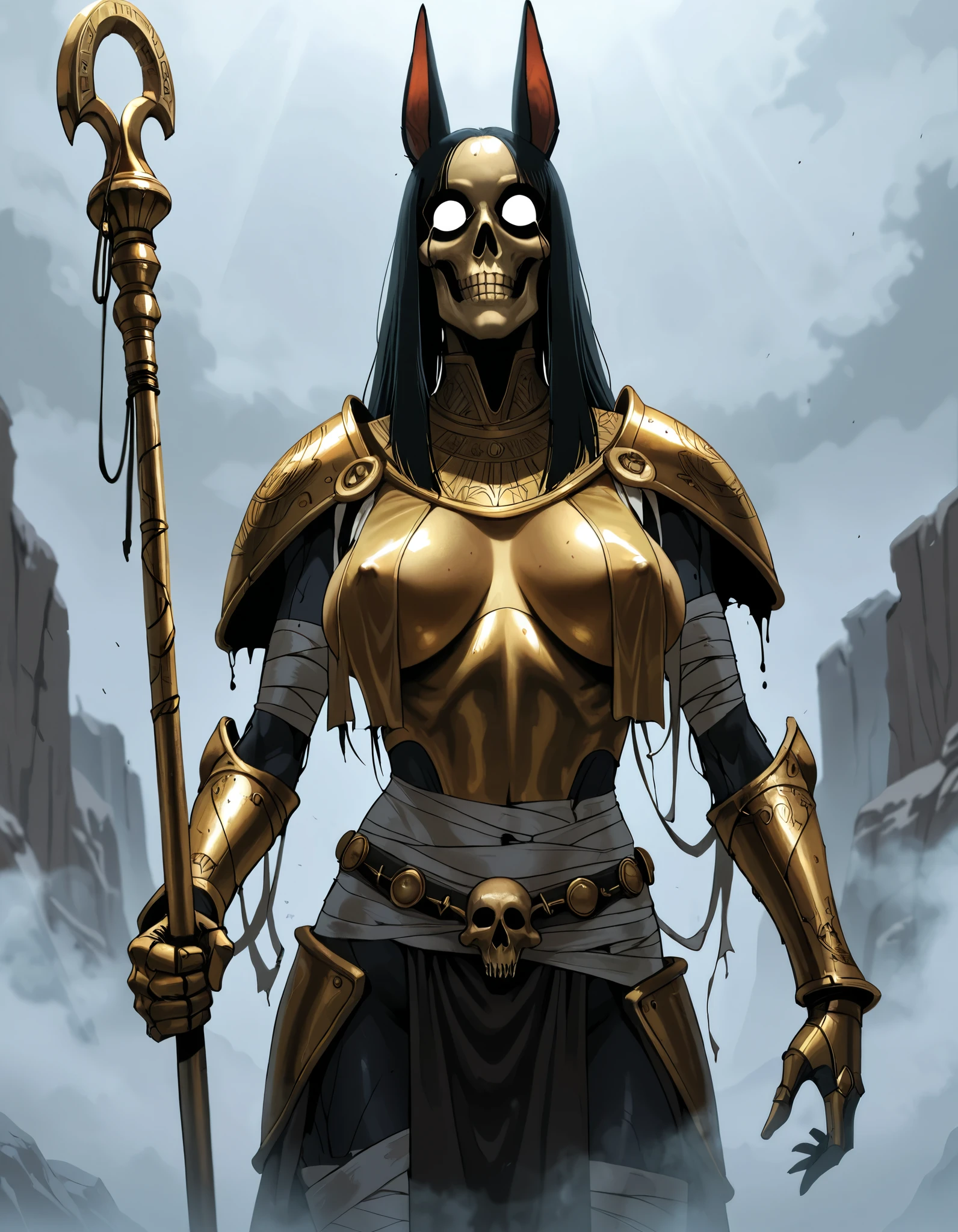 90's Anime, Dark Horror, Quality_masterpiece, Absurd res, score_9, score_8_up, (masterpiece), source_Anime, rate_Safe, ultra high quality, ultra detailed, expressive eyes, Anubis girl, goblin ears, hoop rings, small stature, Magma Genasi skin, white, Holding Golden Staff, big apart breasts, reduced wear, open armor, golden bands, ((Golden metallic armor)),, wicked, dark, mad , iron gauntlets, shoulder armor, tribalistic, breast curtains, huge hanging breasts, (covered_nipples), waist curtain, skull belt, perky breasts, shredded bandages, body bandages, creepy, horrifying, ((dynamic pose)), zombie, open wounds, rotten flesh, undead, darkness, volumetric lighting, dramatic lighting, bokeh, depth of field, detailed background, mad look, demonic, dark arts, hkhorror, demonic, Bondage, aburdres, ((heavy fog)), cowboy shot, (In the Desert, in front of a Stargate)