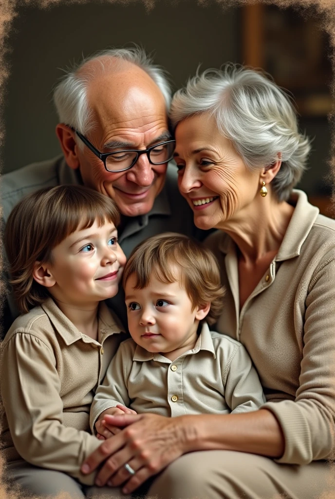 Light-skinned grandmother with glasses and white hair , Dark-skinned grandfather with glasses and brown hair , two brown-haired, light-skinned male children