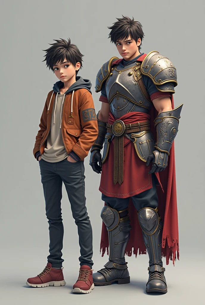 Blind box style, (masterpiece, top quality, best quality), big armor man and  girl (big armor man covers face) sword drawing action Capable dark gray short hair Brown leather boots and gloves Serious expression Big armor man has a pigeon Sword on his back Armorer Clothes on the armor man linen