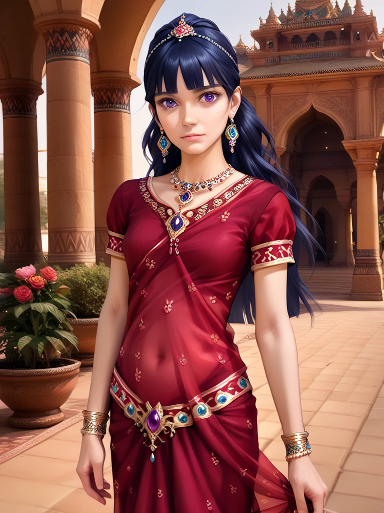 high quality, (realistic, real anatomy: 1.5), (high quality: 1.5), xmusax, 1girl, mature eyes, Young woman, mature, dark blue hair, purple eyes, blunt bangs, long hair, real life, saree, realistic, red saree, (indian dress, jewellry, ornaments, short sleeves, indian gown, indian clothes, transparent belly, : 1.4), slim body, slender body, standing, looking at viewer, Saree, (COLOR saree), indian saree, midriff, blouse