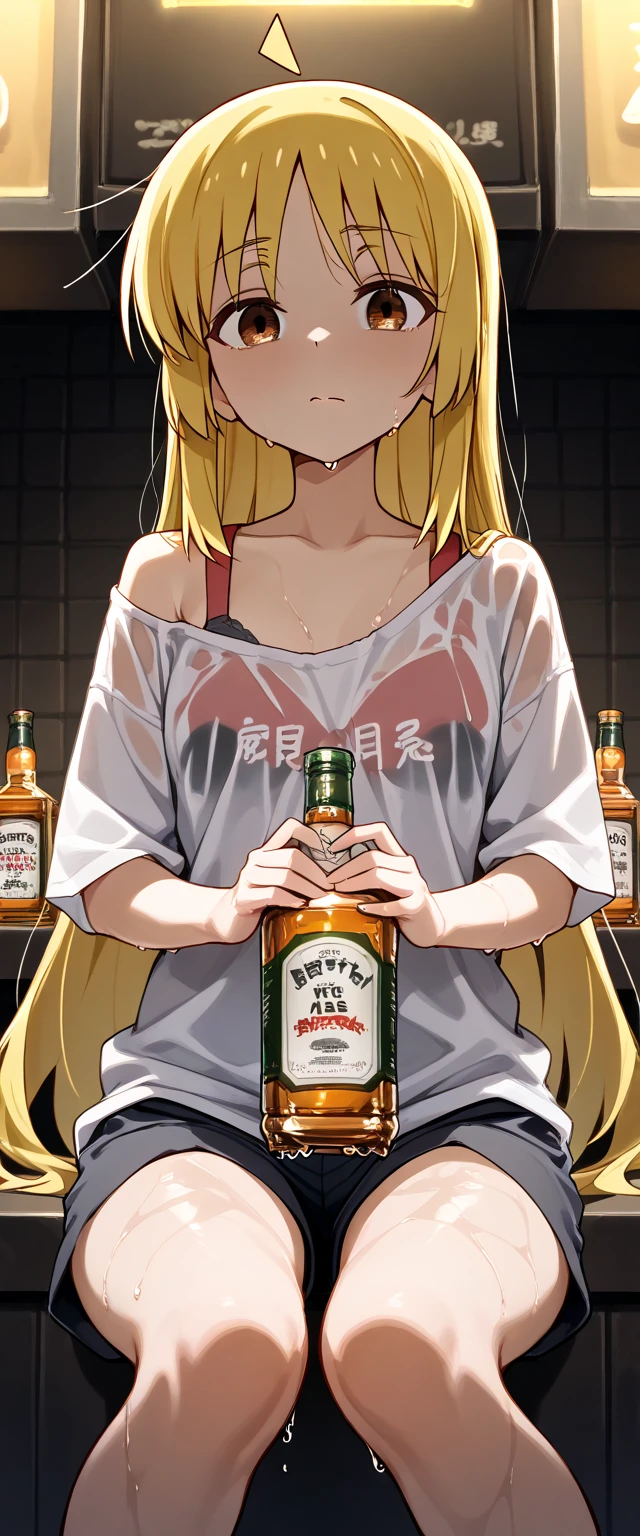 ( Masterpiece ),There is a background., wall alcohol, better quality, expressive eyes, Seika Ijichi , Bocchi the Rock!, Long hair, , yellow hair, brown eyes, идеальное face,1girl,solo , middle chest,, wet, wet body, Glare in the eyes , невыразительное face, mouth closed , blushes, сильно blushes, face, wet,looks at the viewer, , , hands below , sits at the counter, loose t-shirt, Bra straps, shorts, dark lighting