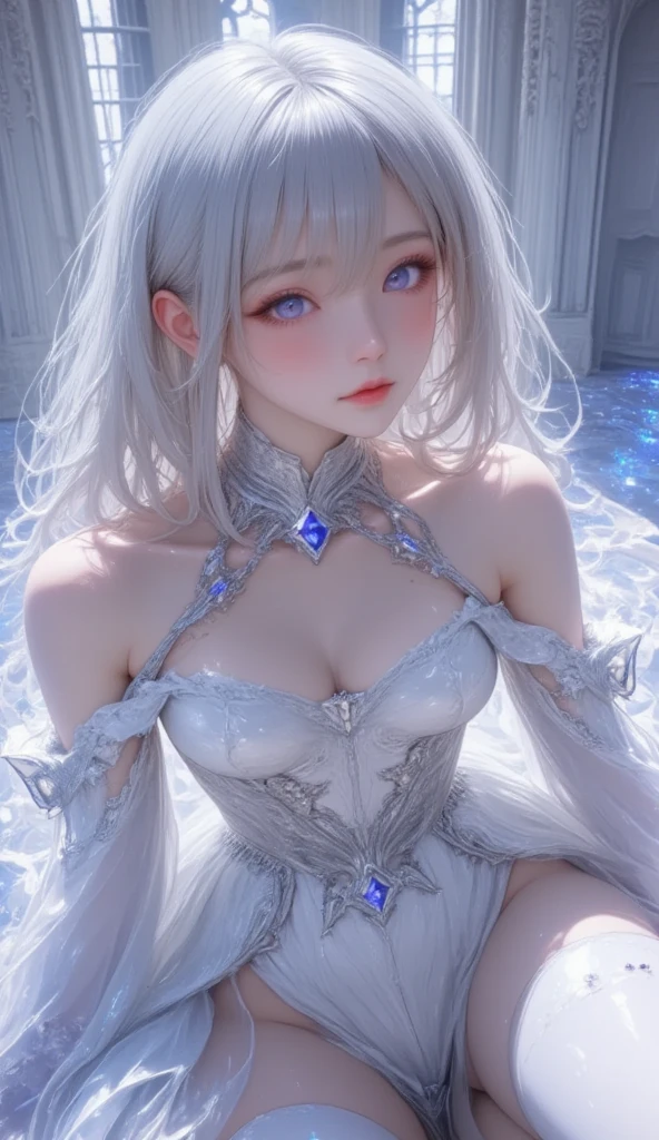 ,((Highest quality))),8k,((masterpiece)),(Very sophisticated and beautiful), PRİNCESS,Russian , Beautiful face, Long white hair , sexly、sexly proportions,White eyebrows、Silver tiara、Silver earrings、White skin、Glowing Skin、Delicate hair、The background is inside a snow castle、Glowing Skin、White eyelashes、Standing、Silver and diamond necklace、Silver bangles、White lace dress、mini skirt、White lips、Leg spread、sit
