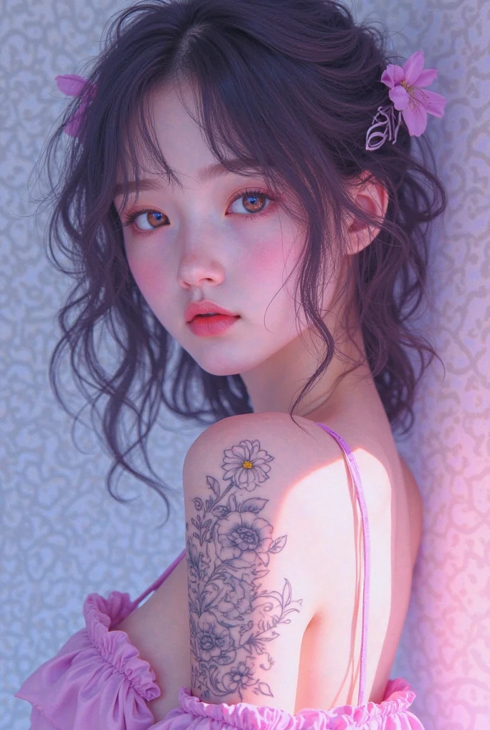 1girll, potrait(enchanced quality:1.4),(Top quality true texture skin), Delicate face,Black hair, Gradient hair, Petite body,(perfect bodies:1.1), There are precious stones on the forehead, rimless eyewears, Sparkling pupils,long eyelasher,grin, hyper photorealism, Cinematic lighting, projected inset, surrealism, hyper HD, Masterpiece, 16k,Lie down,dream on,Wear transparent silk pajamas,Carmelto,Legs slightly open,Tattooed with,Fantasy space,Luxurious space